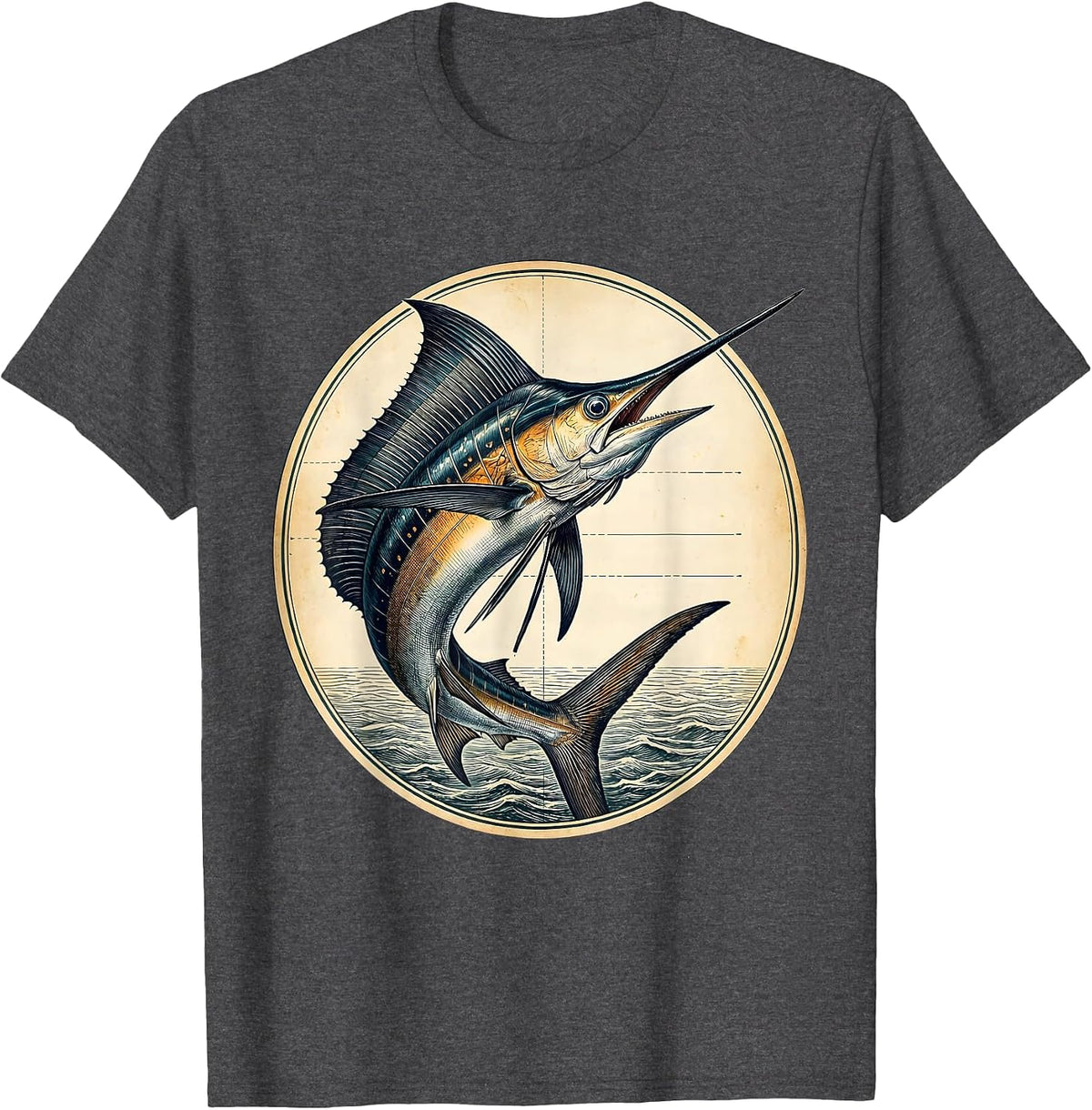 Giant Marlin Breaching Ocean Sunset Fishing Design T-Shirt - Dark Heather Grey