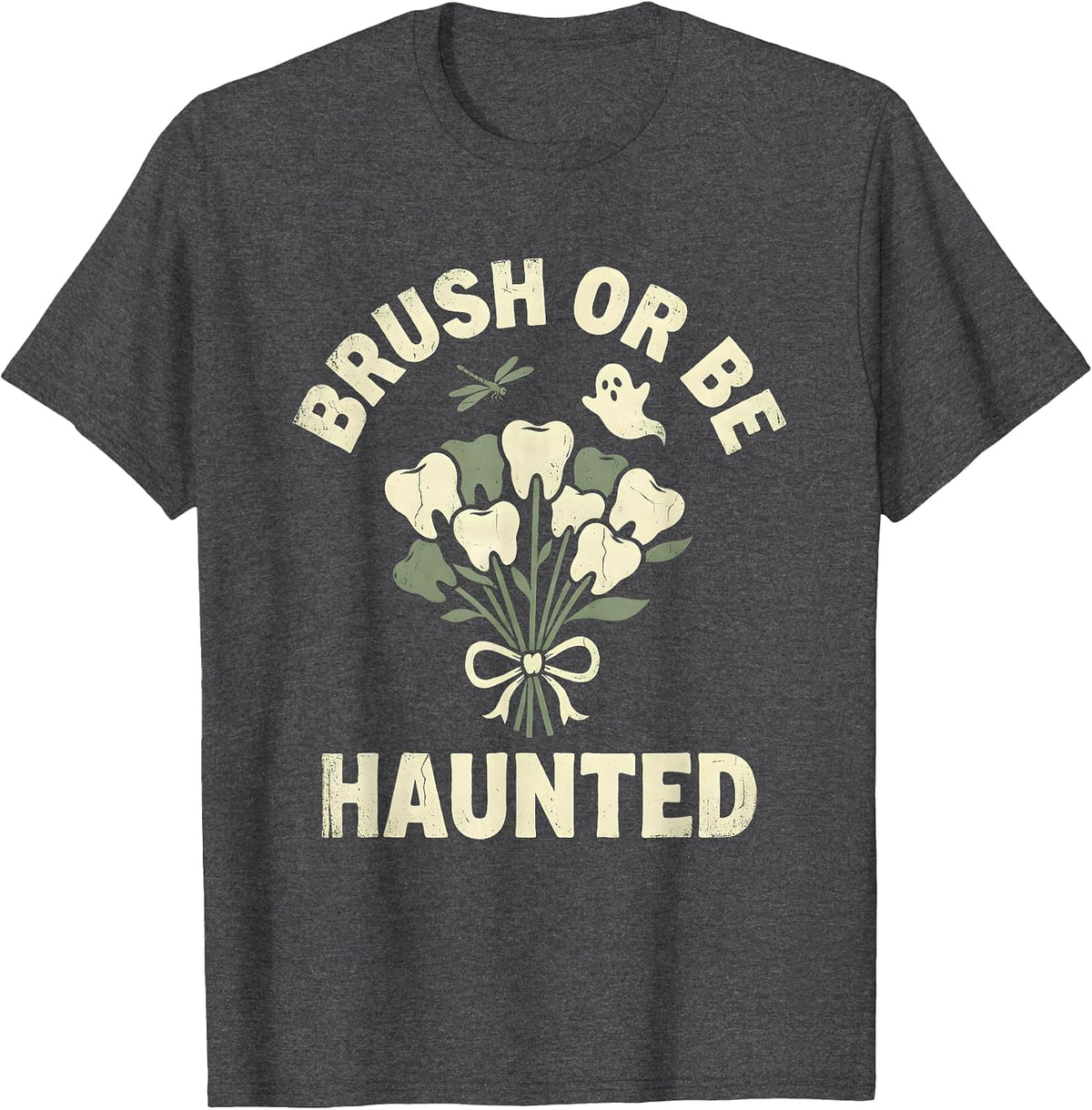Men's Brush or Be Haunted Dental Halloween Design T-Shirt - Dark Heather Grey