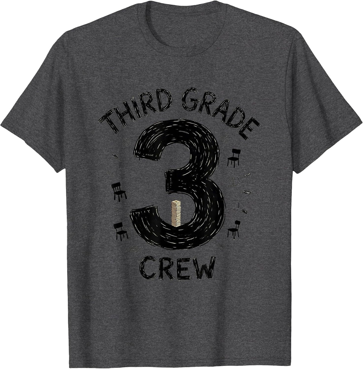 Third Grade Crew Hand-Sketched Teacher Humor Pride T-Shirt - Dark Heather Grey