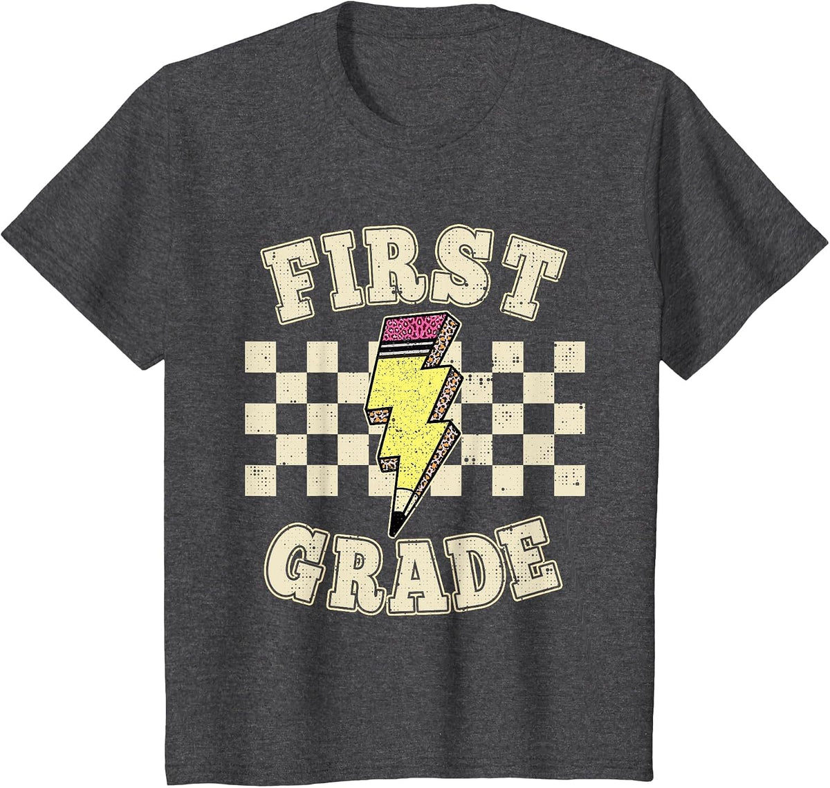 First Grade Lighting Bolt Pencil Retro 1st Grade Teacher T-Shirt - Dark Heather Grey