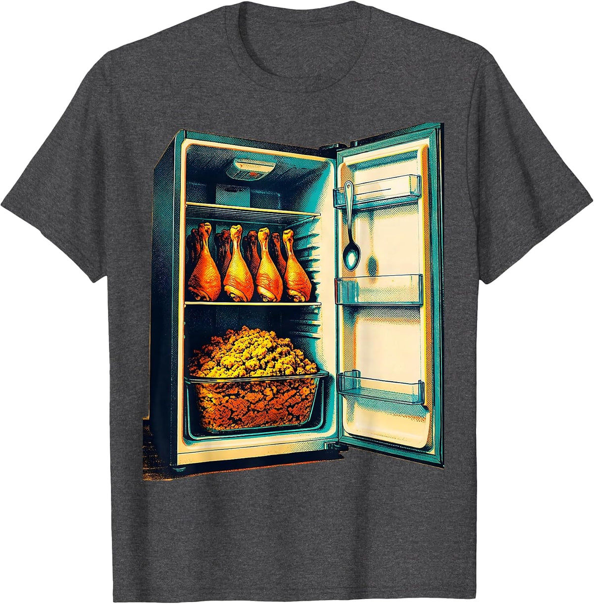 Refrigerator Packed With Turkeys Risograph Funny Family T-Shirt - Dark Heather Grey