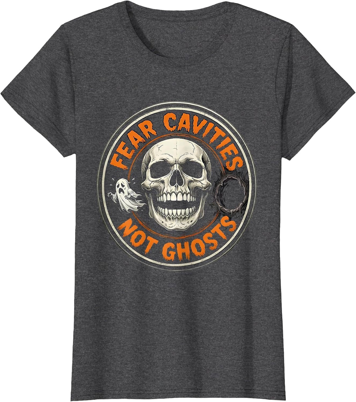 Women's Fear Cavities Not Ghosts Halloween Dental Design T-Shirt - Dark Heather Grey