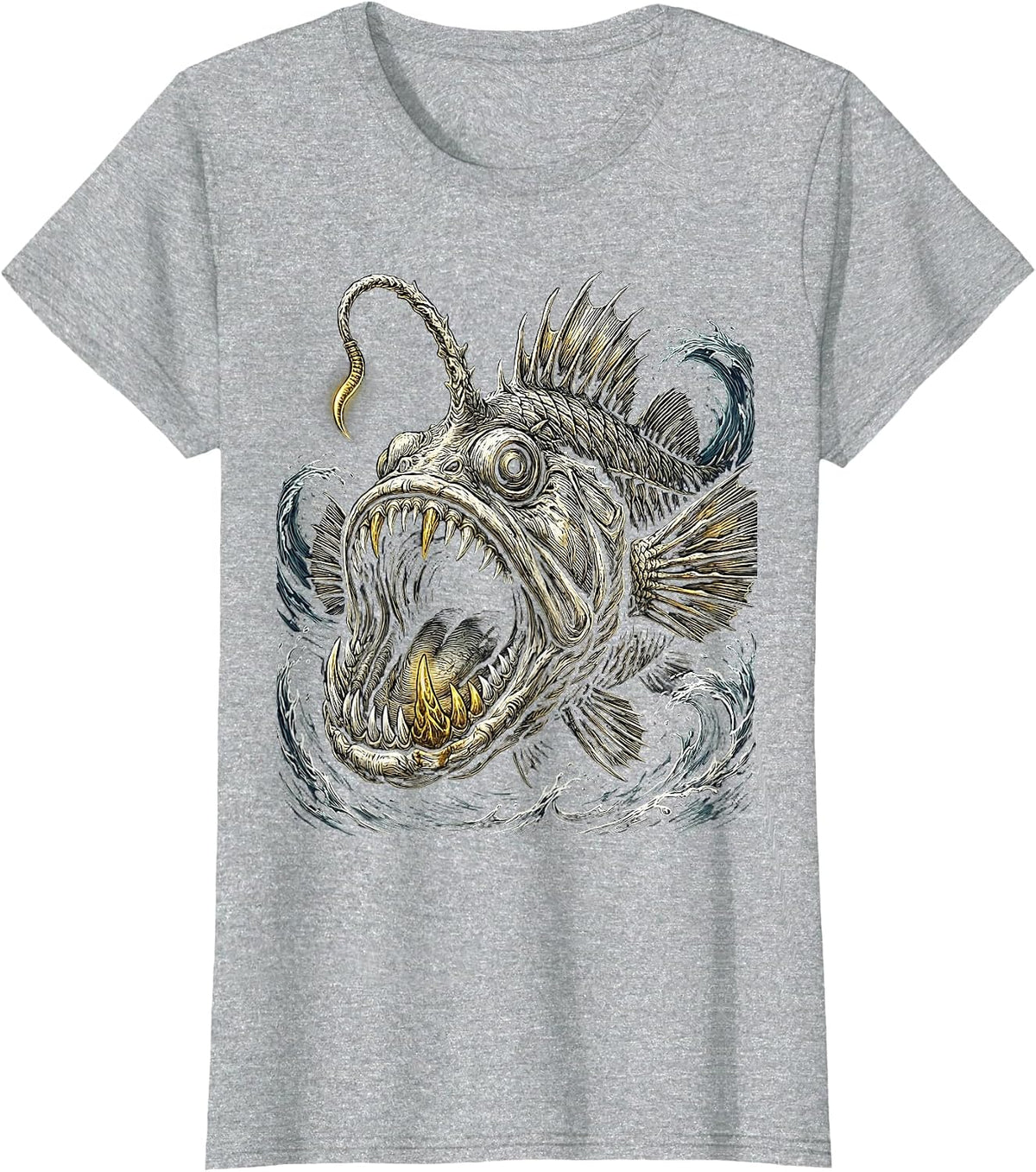 Pirate Anglerfish Deep Sea Gold Tooth Illustration T-Shirt - Heather Grey