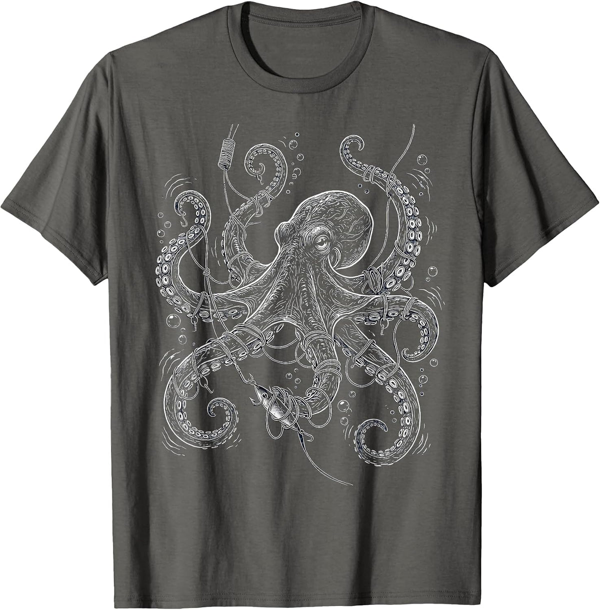 Octopus Tangled in Fishing Line Underwater T-Shirt - Asphalt Grey