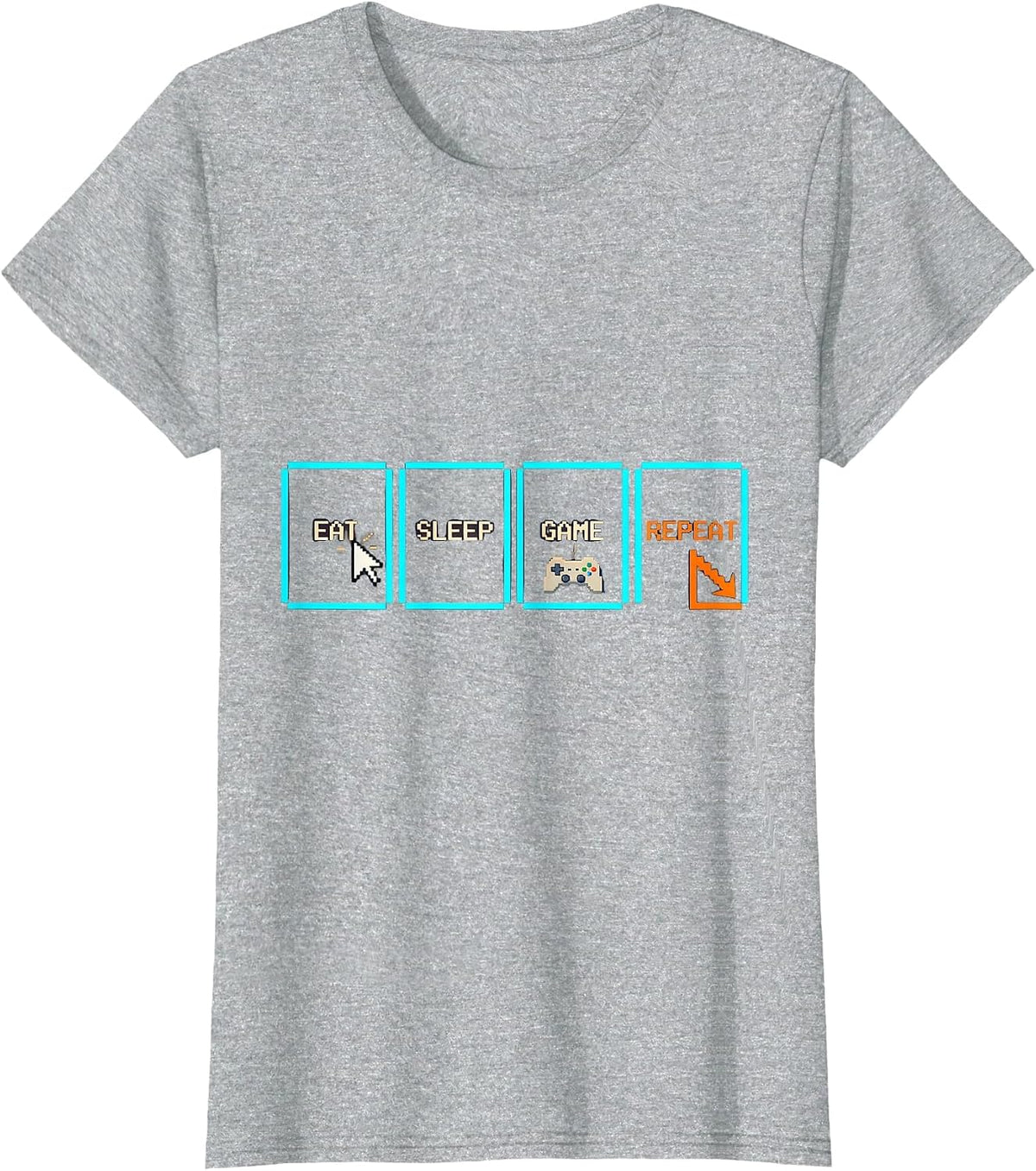 Eat Sleep Game Repeat Funny Gamer Meme Pixel Art T-Shirt - Heather Grey