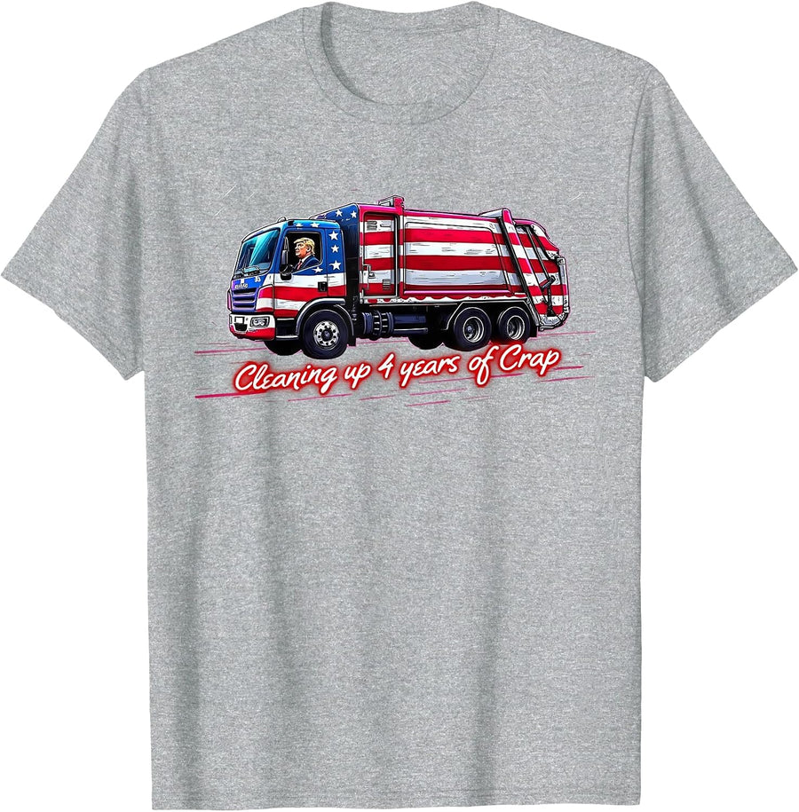 Cleaning Up 4 Year of Crap Funny Trump Garbage America Flag T-Shirt - Heather Grey
