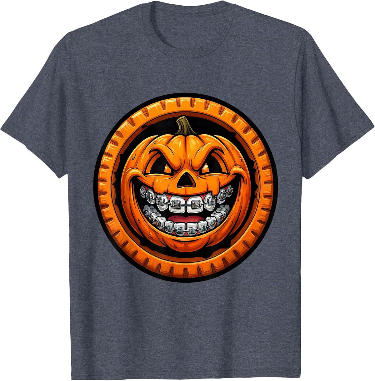 Dental Halloween Braces Jack-O-Lantern Design T-Shirt - Heather Blue