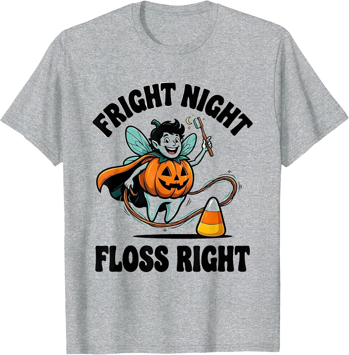 Men's Fright Night, Floss Right Cartoon Dental Humor Halloween T-Shirt - Heather Grey