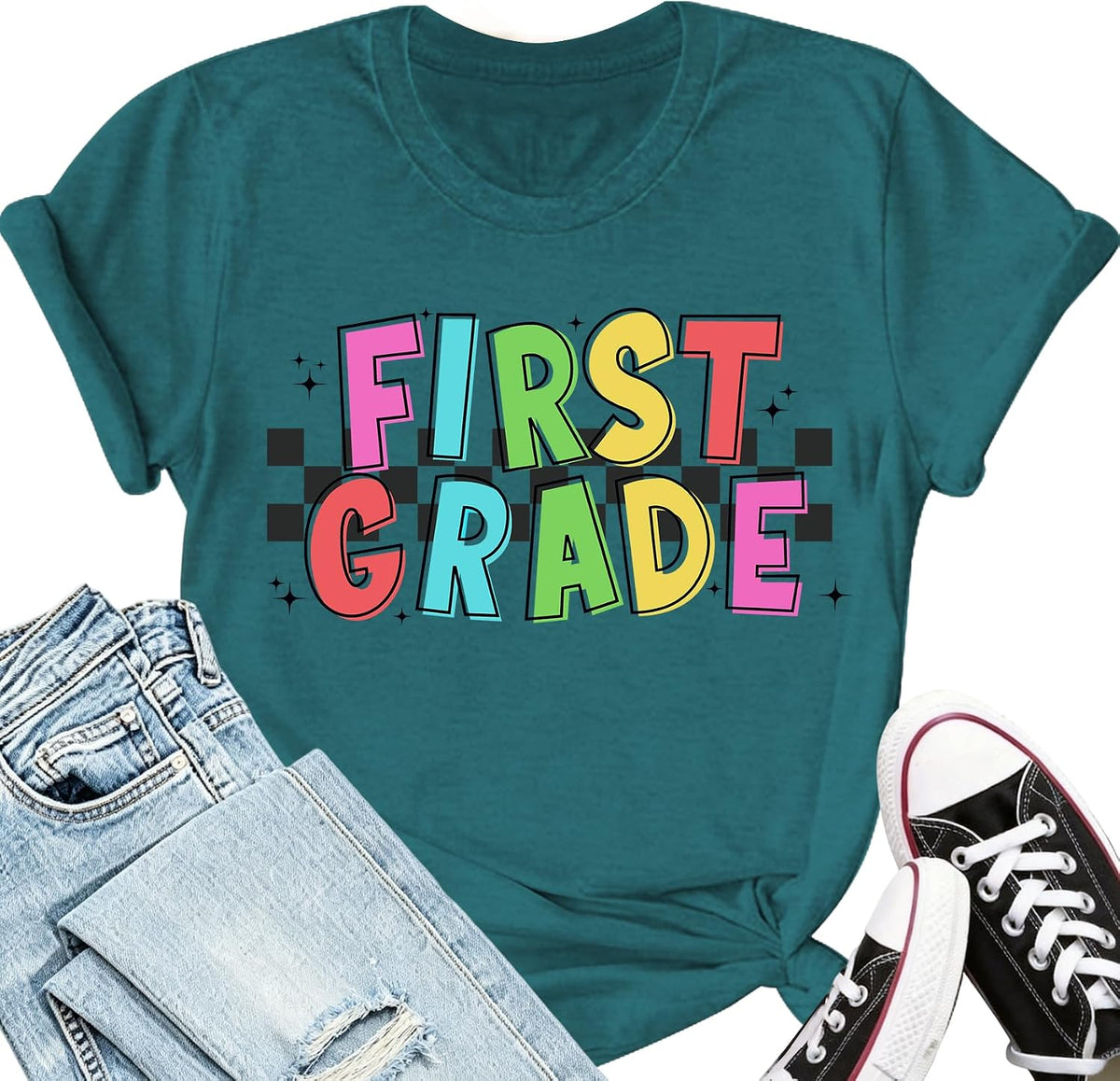 First Grade Teacher Shirts for Women: 1st Grade Letter Teach Tee - Gren1