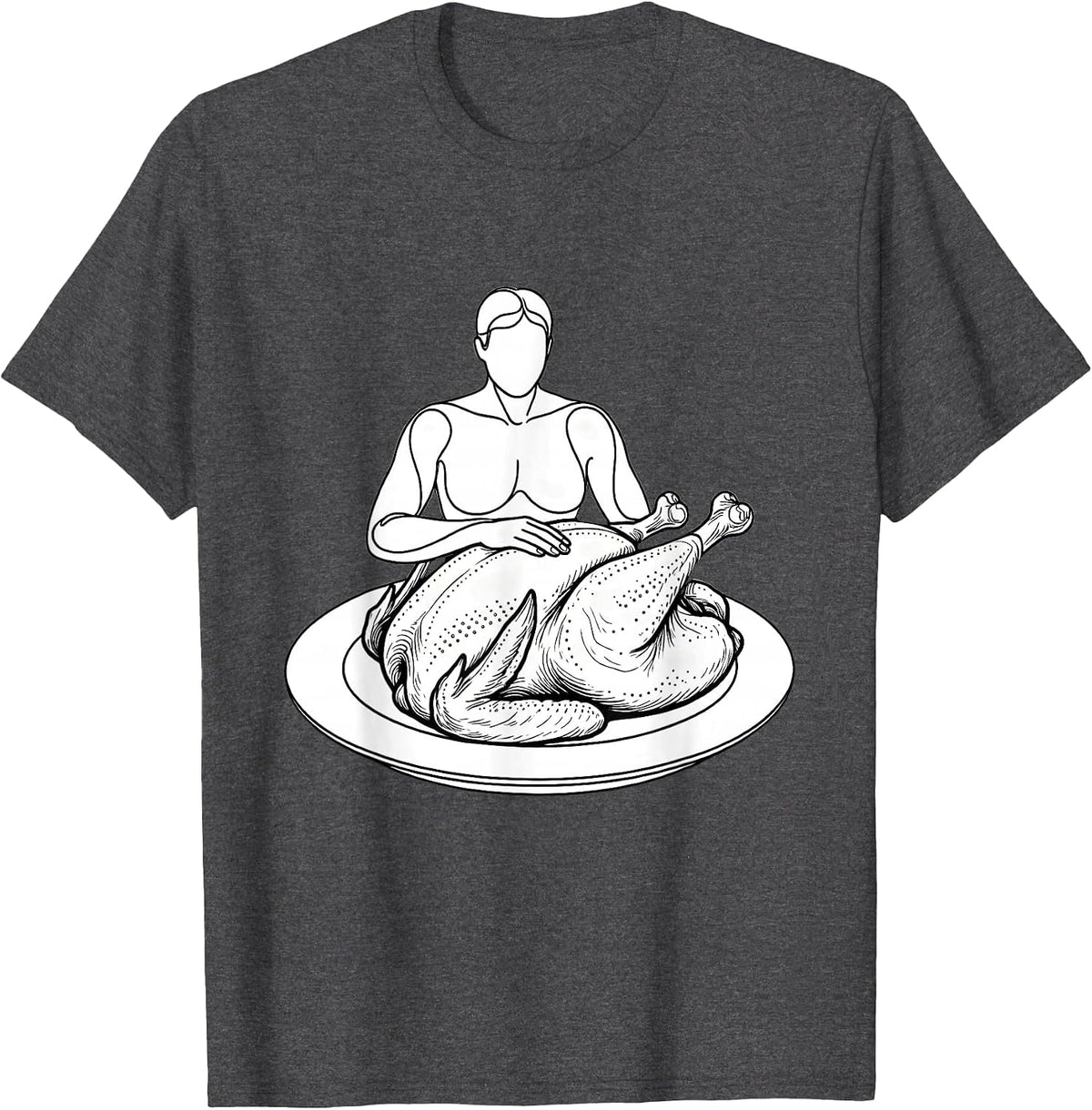 Whole Roasted Turkey Line Art Funny Thanksgiving Matching T-Shirt - Dark Heather Grey