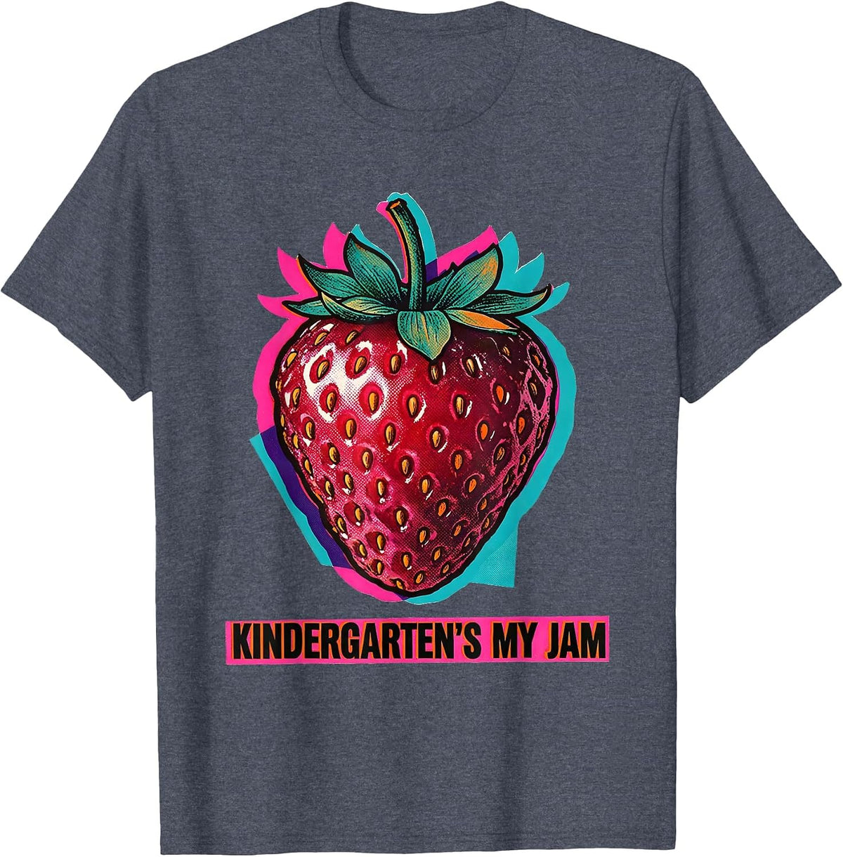 Kindergarten's My Jam Risograph Strawberry Teacher Back T-Shirt - Heather Blue