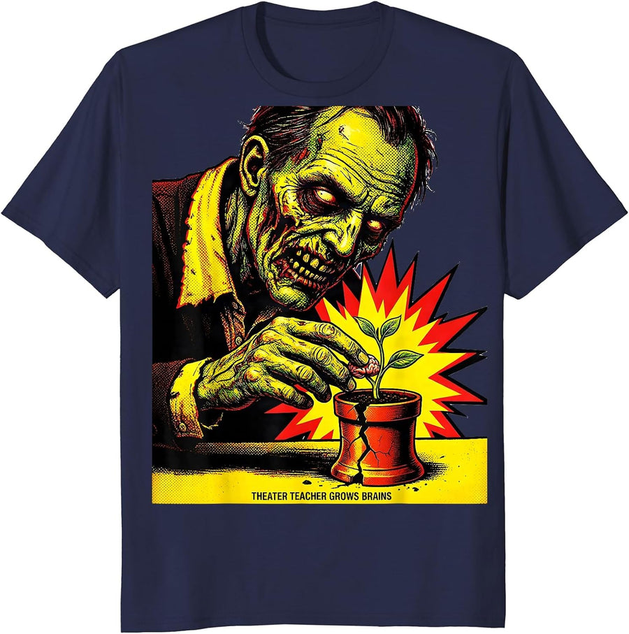 Theater Teacher Grows Brains Pop Art Zombie Halloween T-Shirt - Navy Blue
