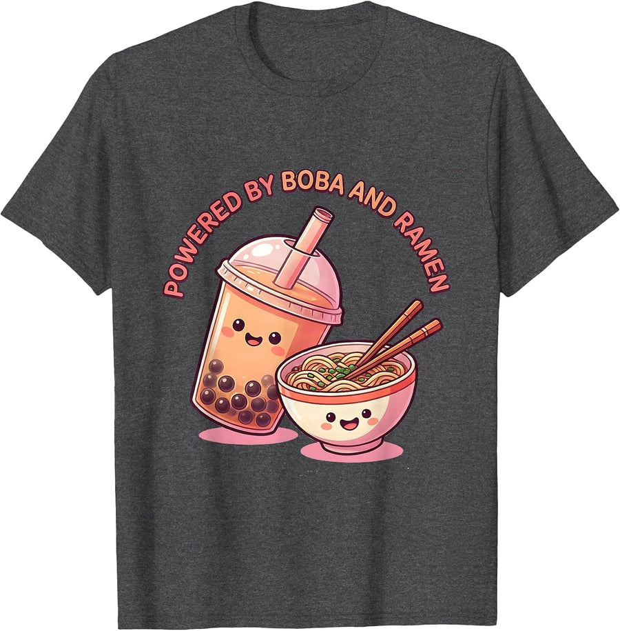 Men's Powered By Boba And Ramen Cute Kawaii Food Lover Gift T-Shirt - Dark Heather Grey