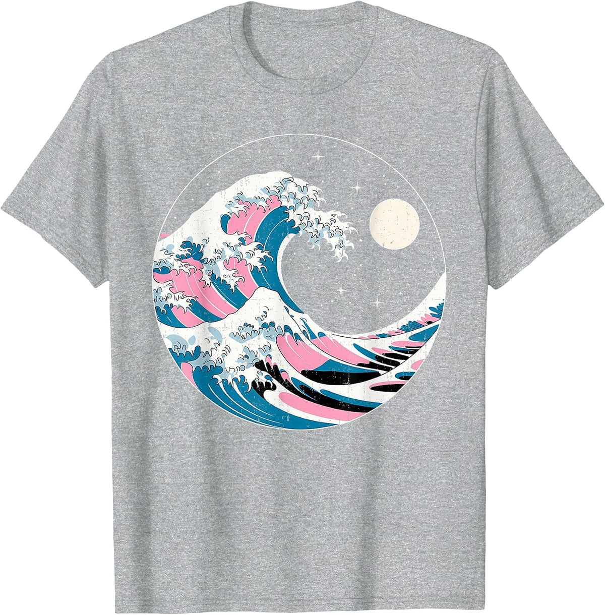 LGBTQ Pride Wave in Japanese Style Under Starry Night Moon T-Shirt - Heather Grey