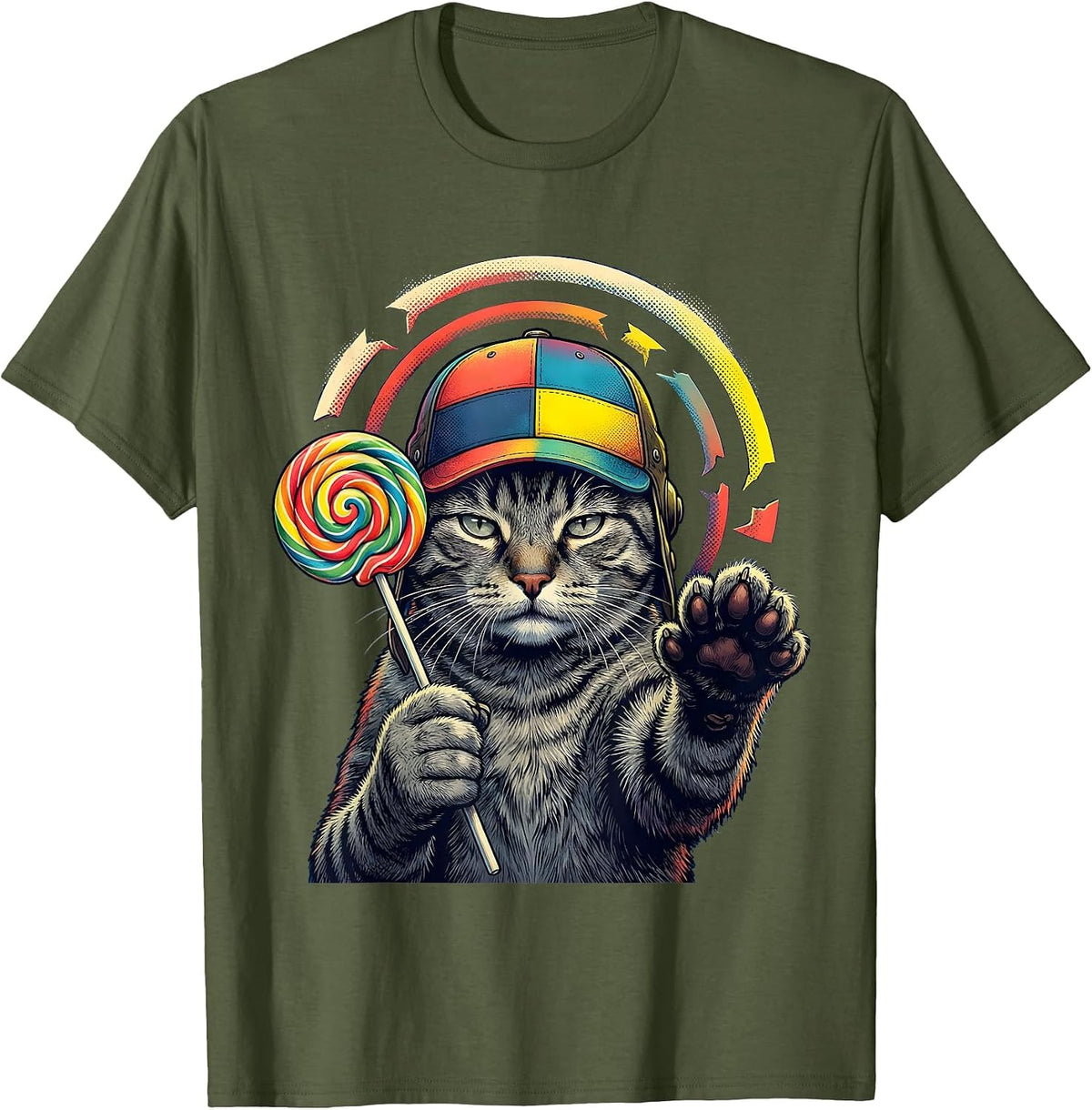 Lollipop Cat Meme Funny Silly Cat Humor T-Shirt - Olive Green