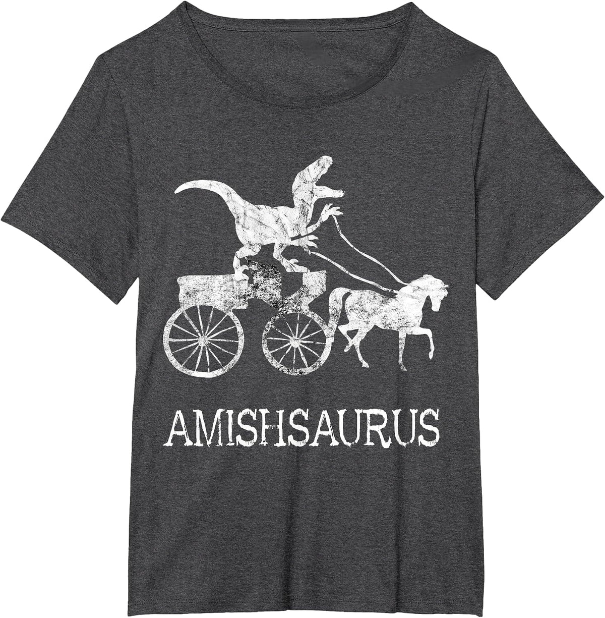 Amish Saurus Dinosaurs Horse Riding Buggy Funny Dino T-Rex T-Shirt - Dark Heather Grey