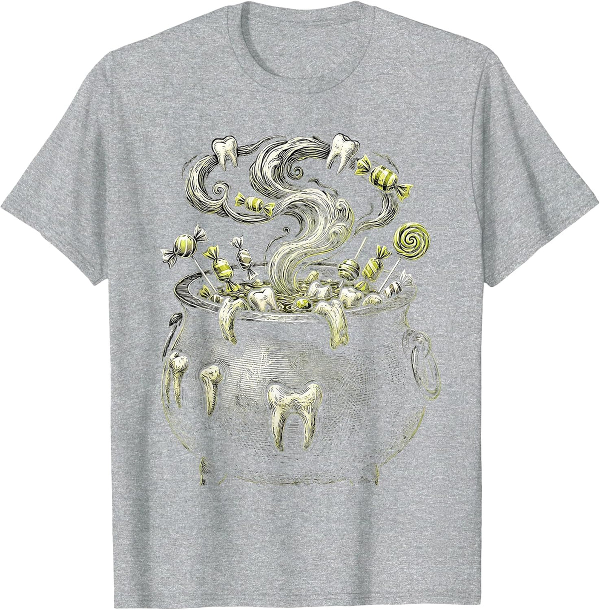 Men's Dental Halloween Cauldron Teeth and Candy Design T-Shirt - Heather Grey