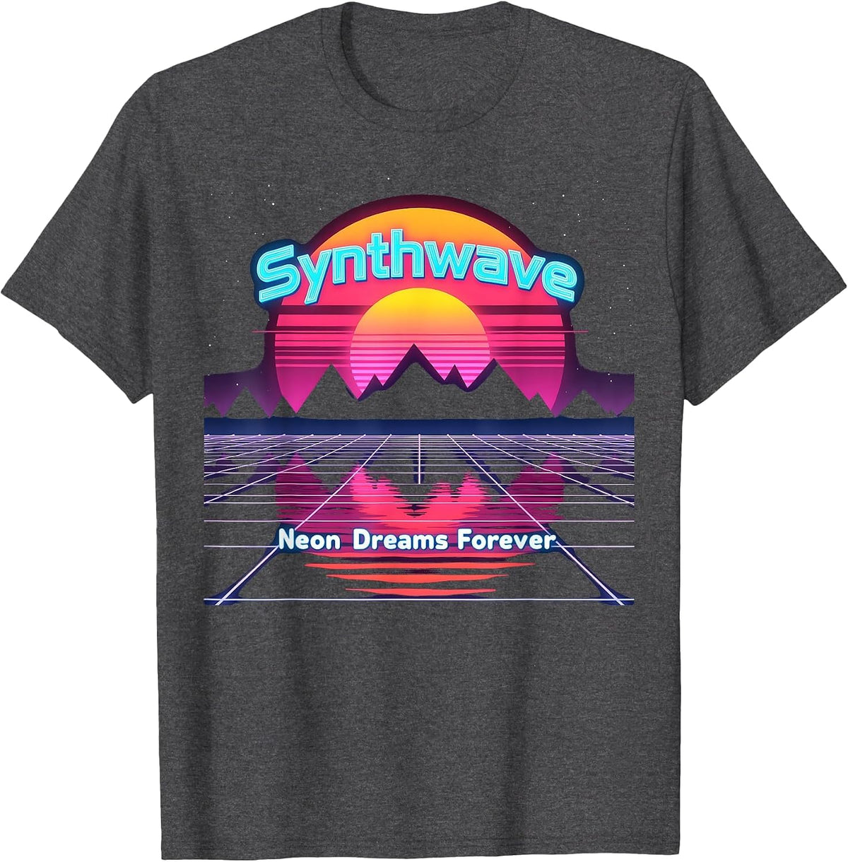 80s Synthwave Sunset Neon Dreams Forever Retro T-Shirt - Dark Heather Grey