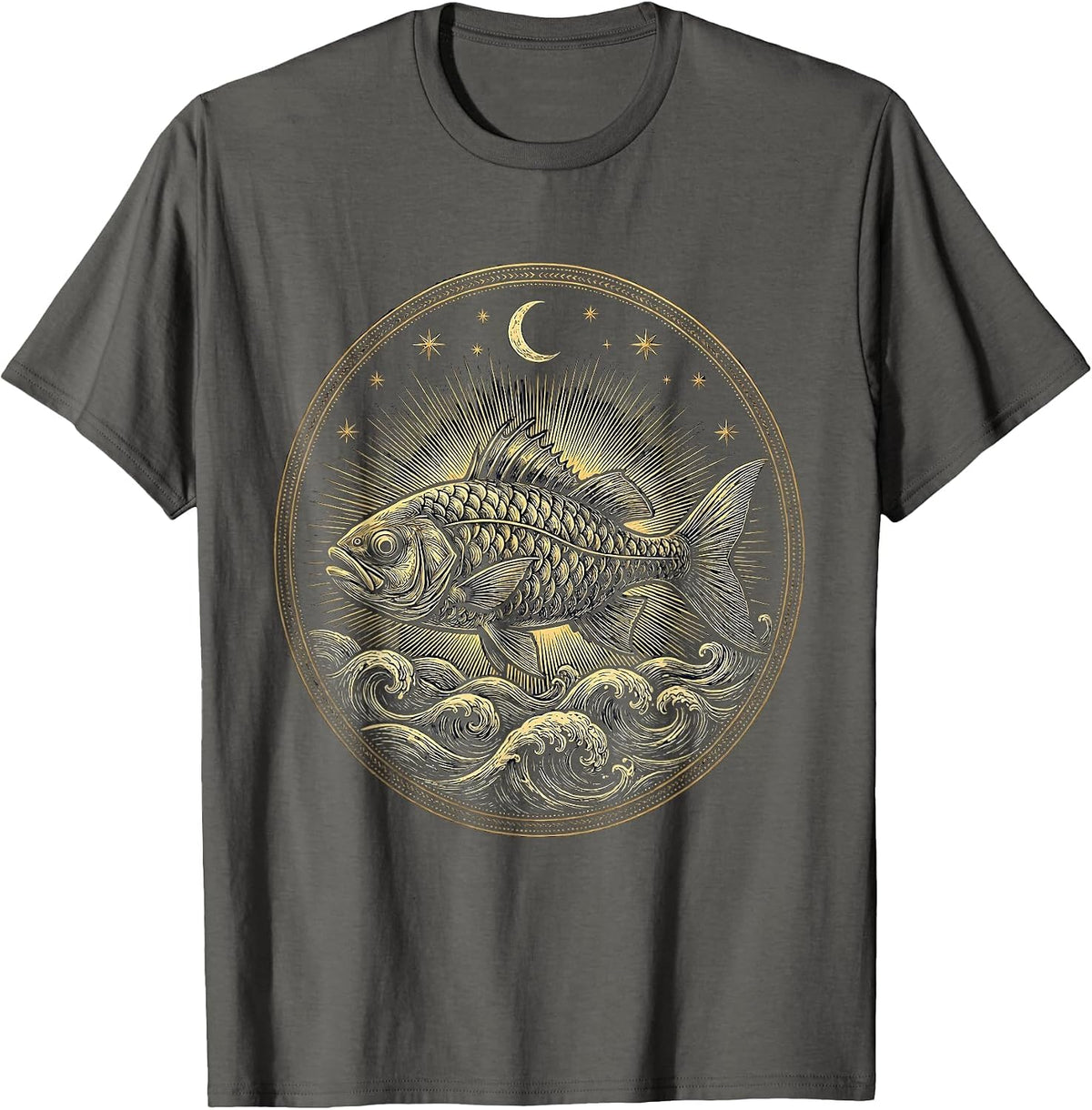 Men's Christian Fish Symbol Ocean Waves Graphic T-Shirt - Asphalt Grey