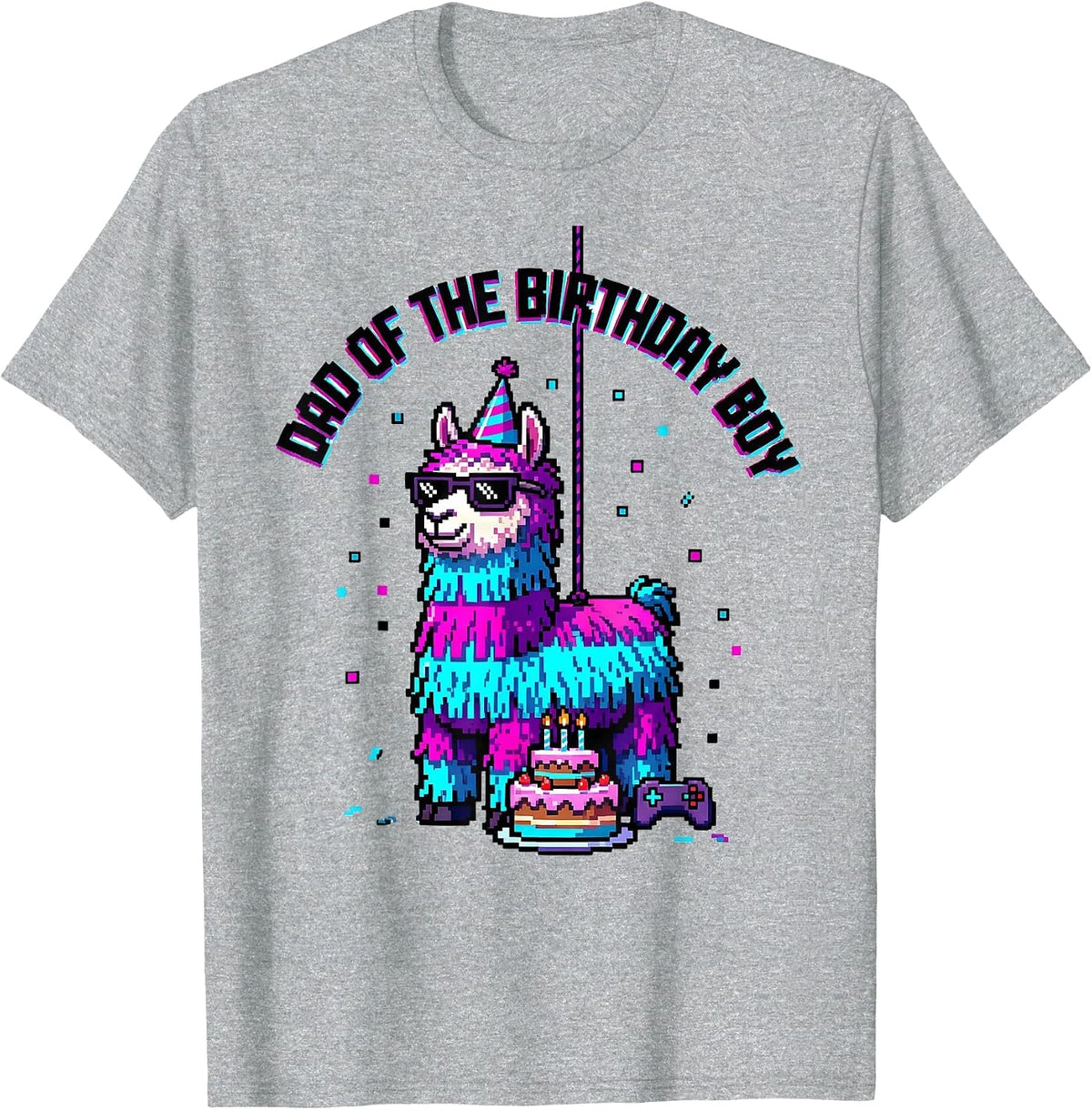 Men's Dad Of The Birthday Boy Pixel Art Llama Piñata Gamer Party T-Shirt - Heather Grey