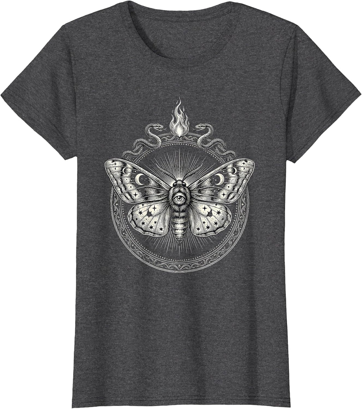 Women's Emo Moth and Flame Dark Aesthetic Graphic T-Shirt - Dark Heather Grey