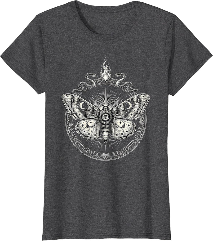Women's Emo Moth and Flame Dark Aesthetic Graphic T-Shirt - Dark Heather Grey