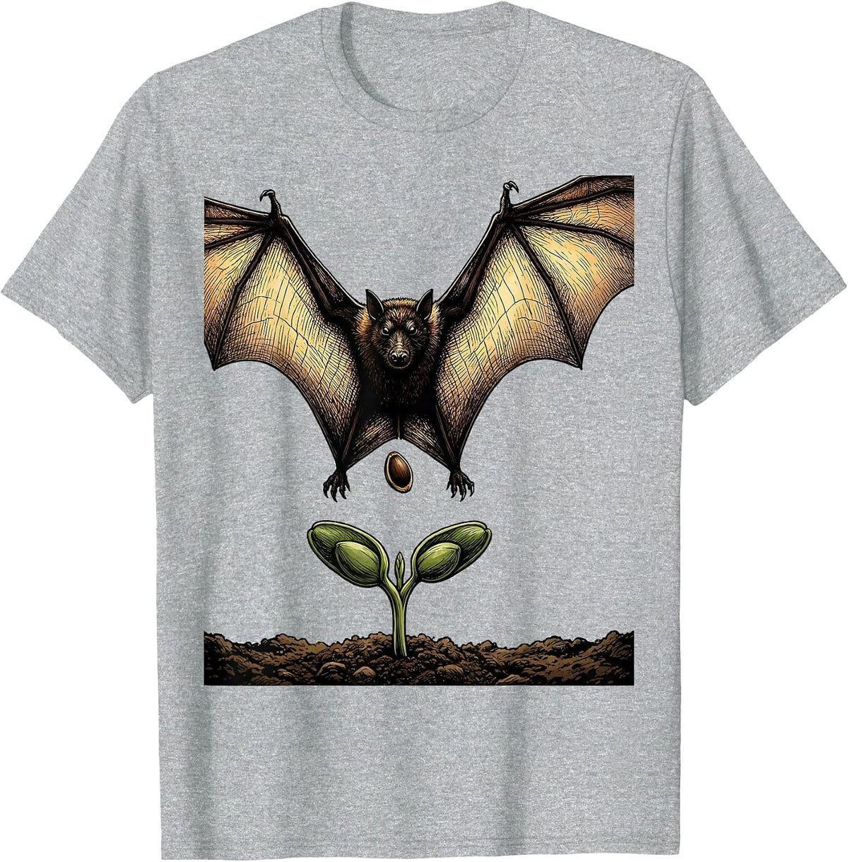 Men's Three-Quarter Fruit Bat Vintage Nature Illustration T-Shirt - Heather Grey