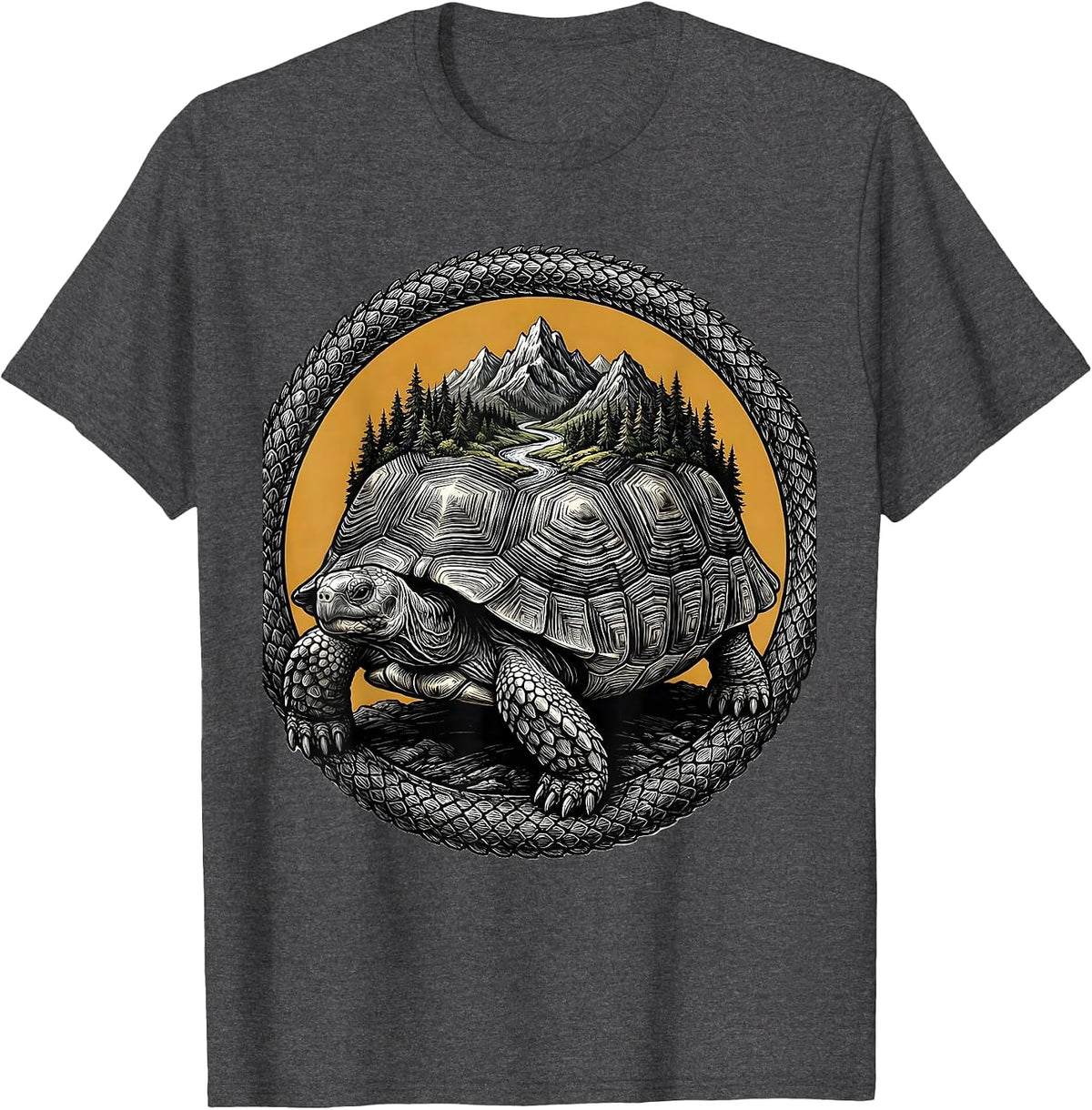 Men's Tortoise Carrying Ecosystem on Shell Nature Art T-Shirt - Dark Heather Grey