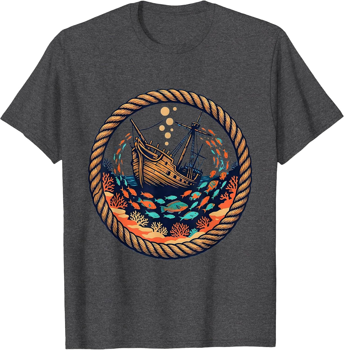 Tropical Fish Shipwreck Hawaiian Ocean Art T-Shirt - Dark Heather Grey