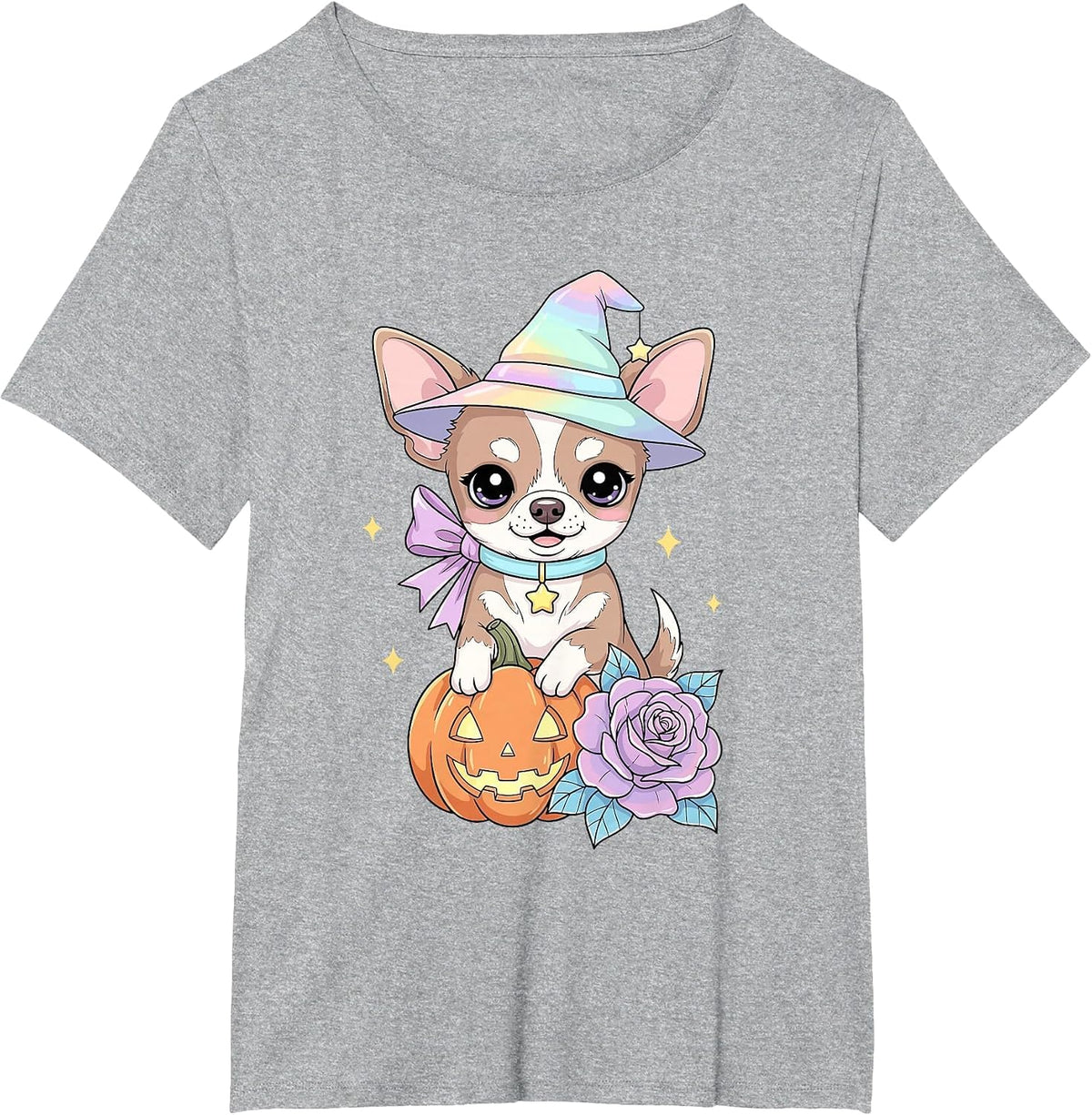 Kawaii Chihuahua Puppy Witch Pumpkin Halloween Pastel Dog T-Shirt - Heather Grey