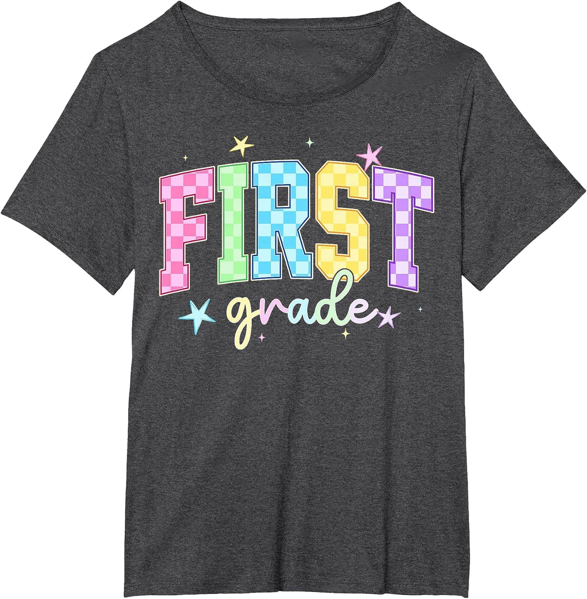 Back to School Checkered First Grade Team Teacher Students T-Shirt - Dark Heather Grey