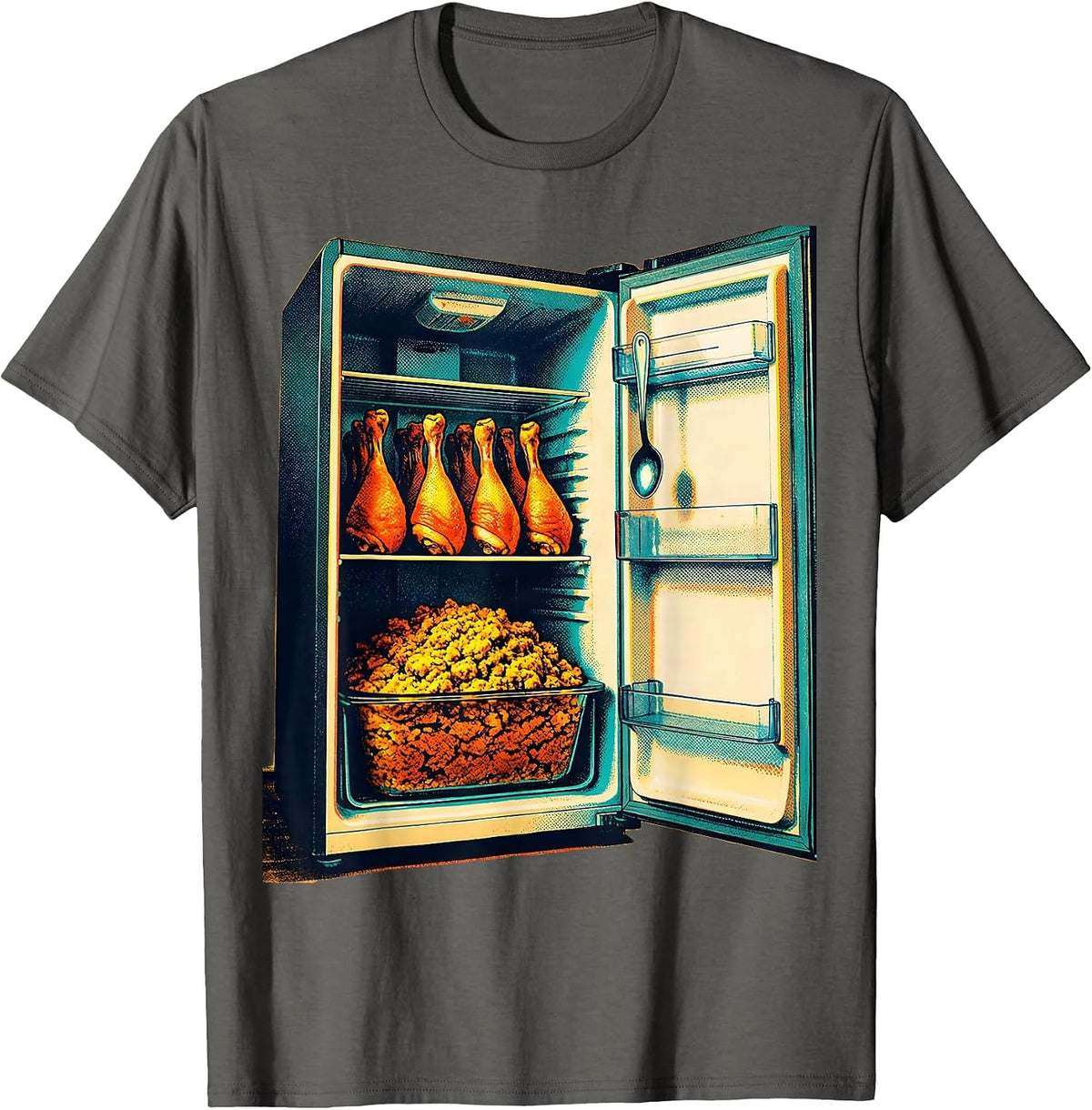 Refrigerator Packed With Turkeys Risograph Funny Family T-Shirt - Asphalt Grey