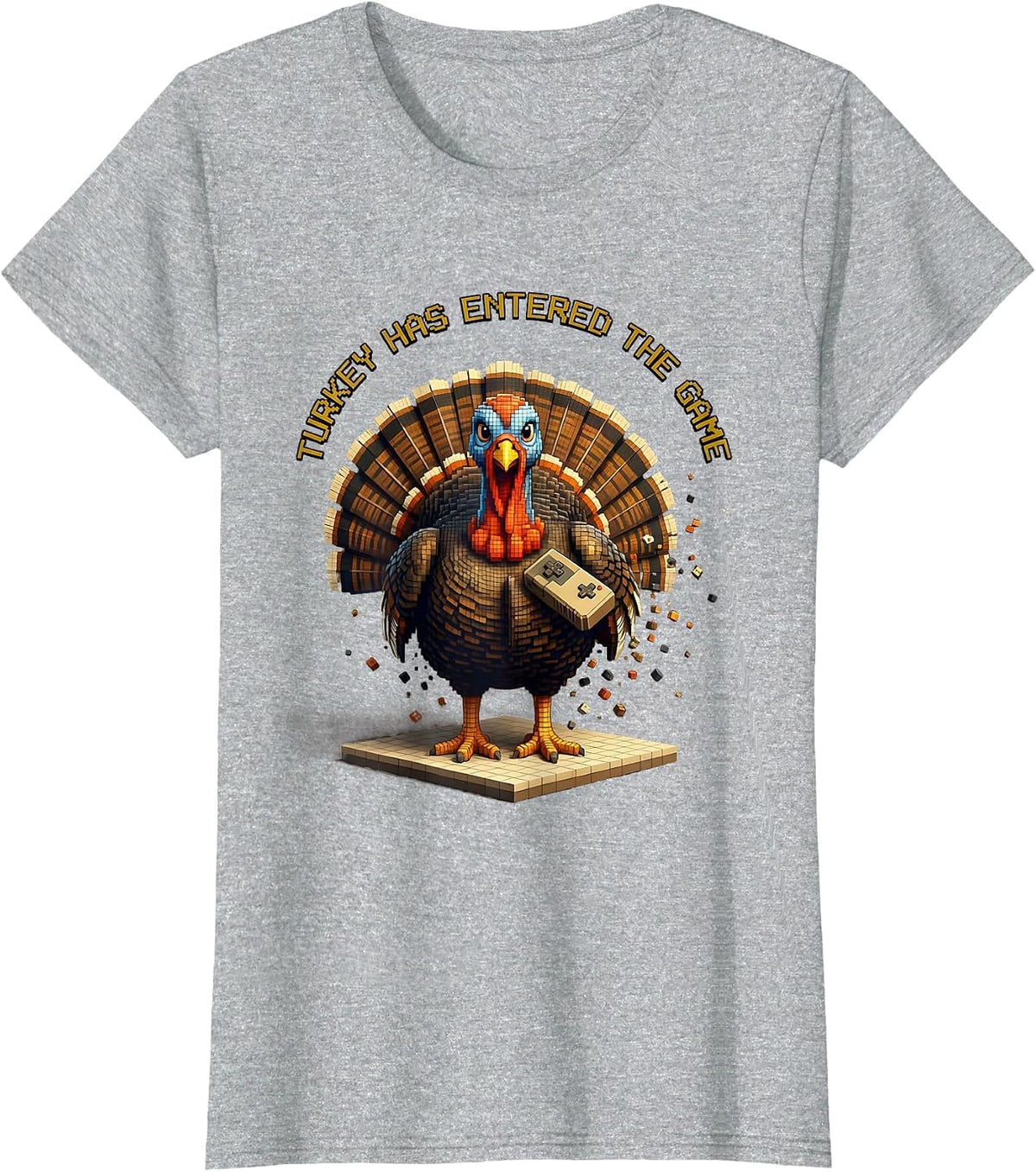 Turkey Has Entered The Game Funny Pixel Art Thanksgiving T-Shirt - Heather Grey