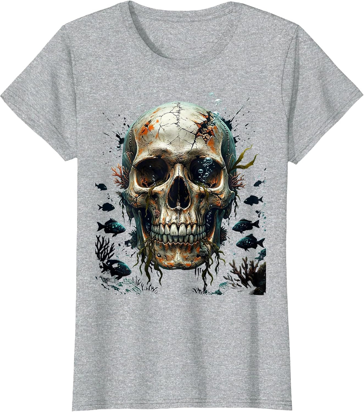 Deep Ocean Skull Glowing Fish Illustration T-Shirt - Heather Grey