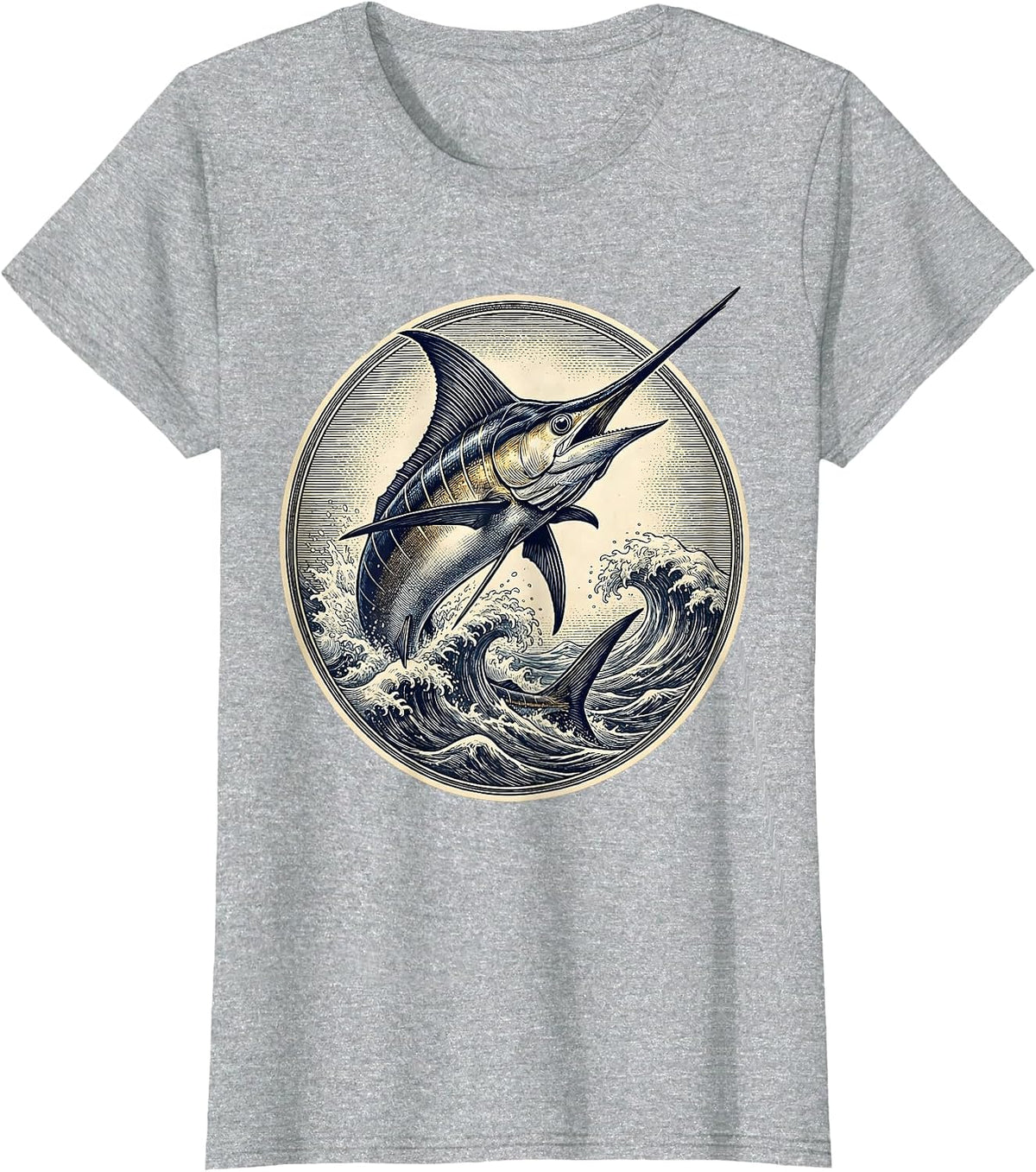 Giant Marlin Breaching Ocean Waves Fishing Design T-Shirt - Heather Grey