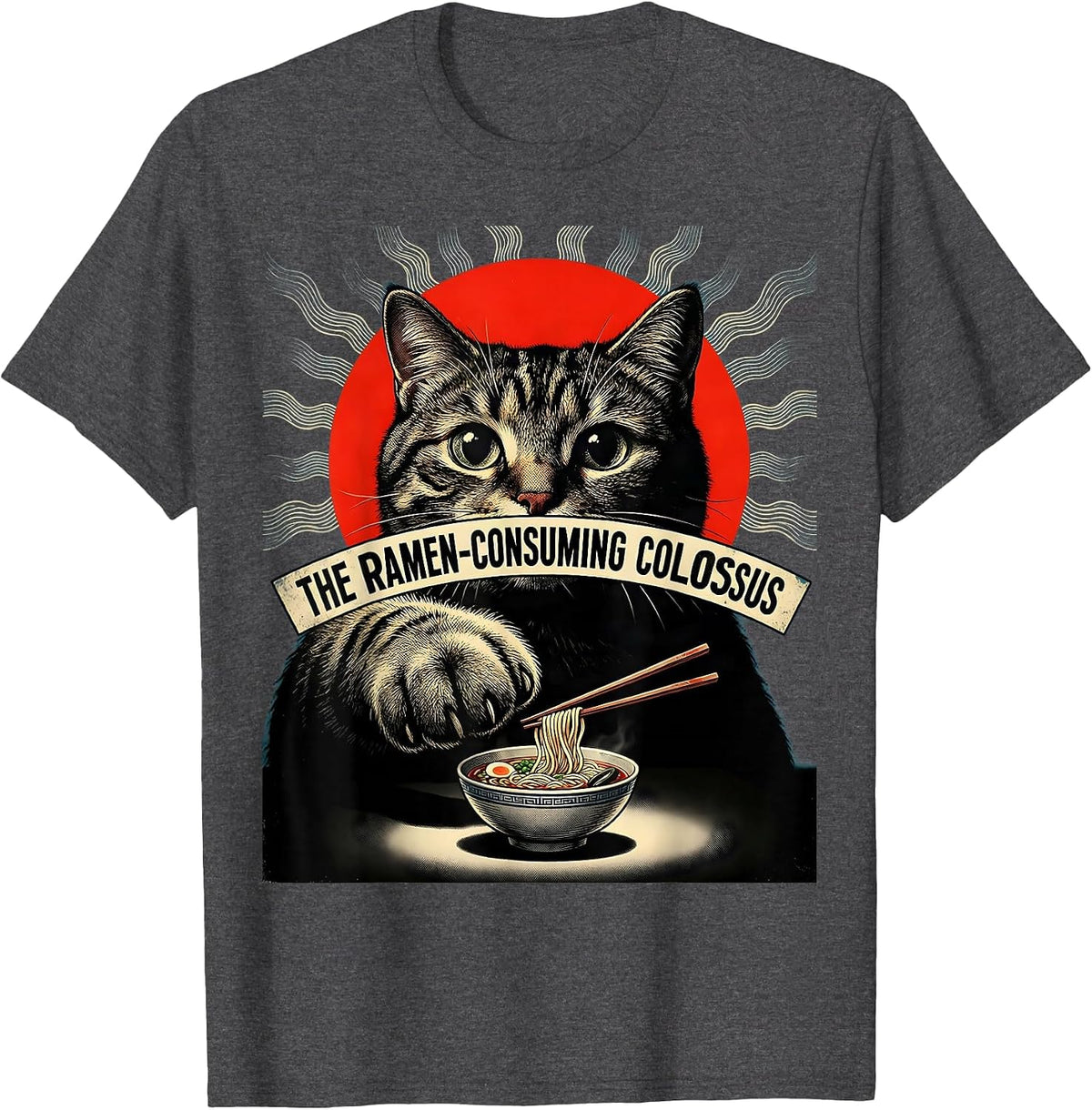 The Ramen-Consuming Colossus Pulp Cover Vintage Kaiju Cat T-Shirt - Dark Heather Grey