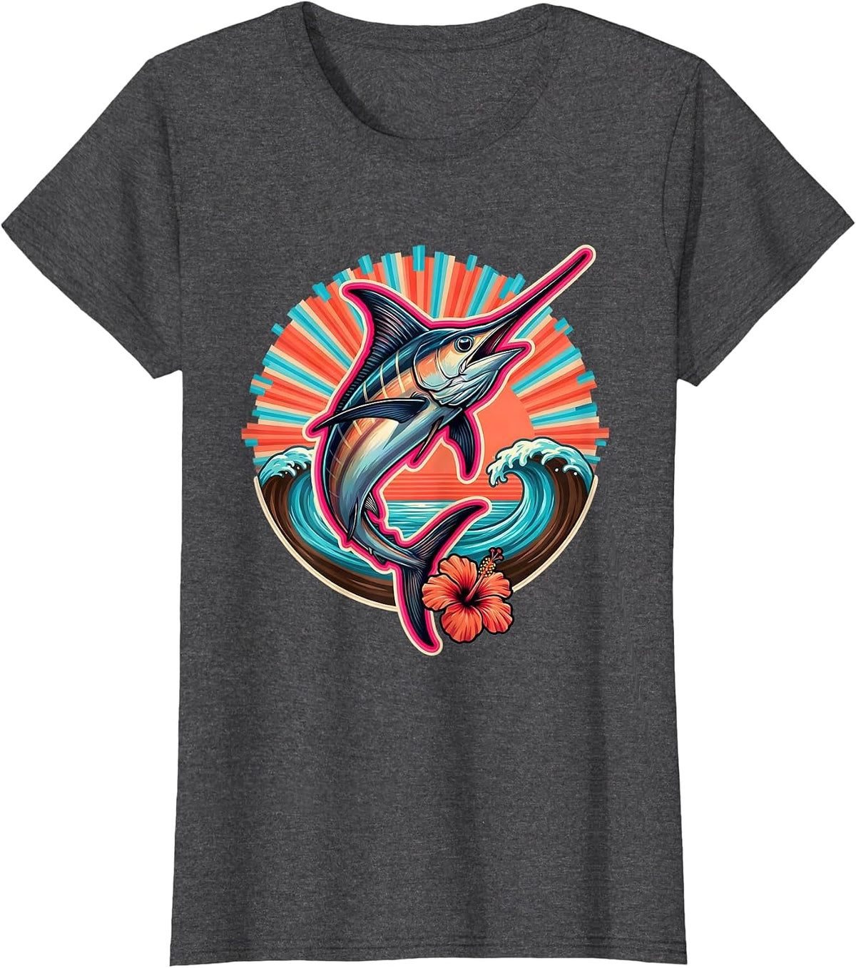 Women's Marlin Jumping at Sunrise Ocean Graphic T-Shirt - Dark Heather Grey