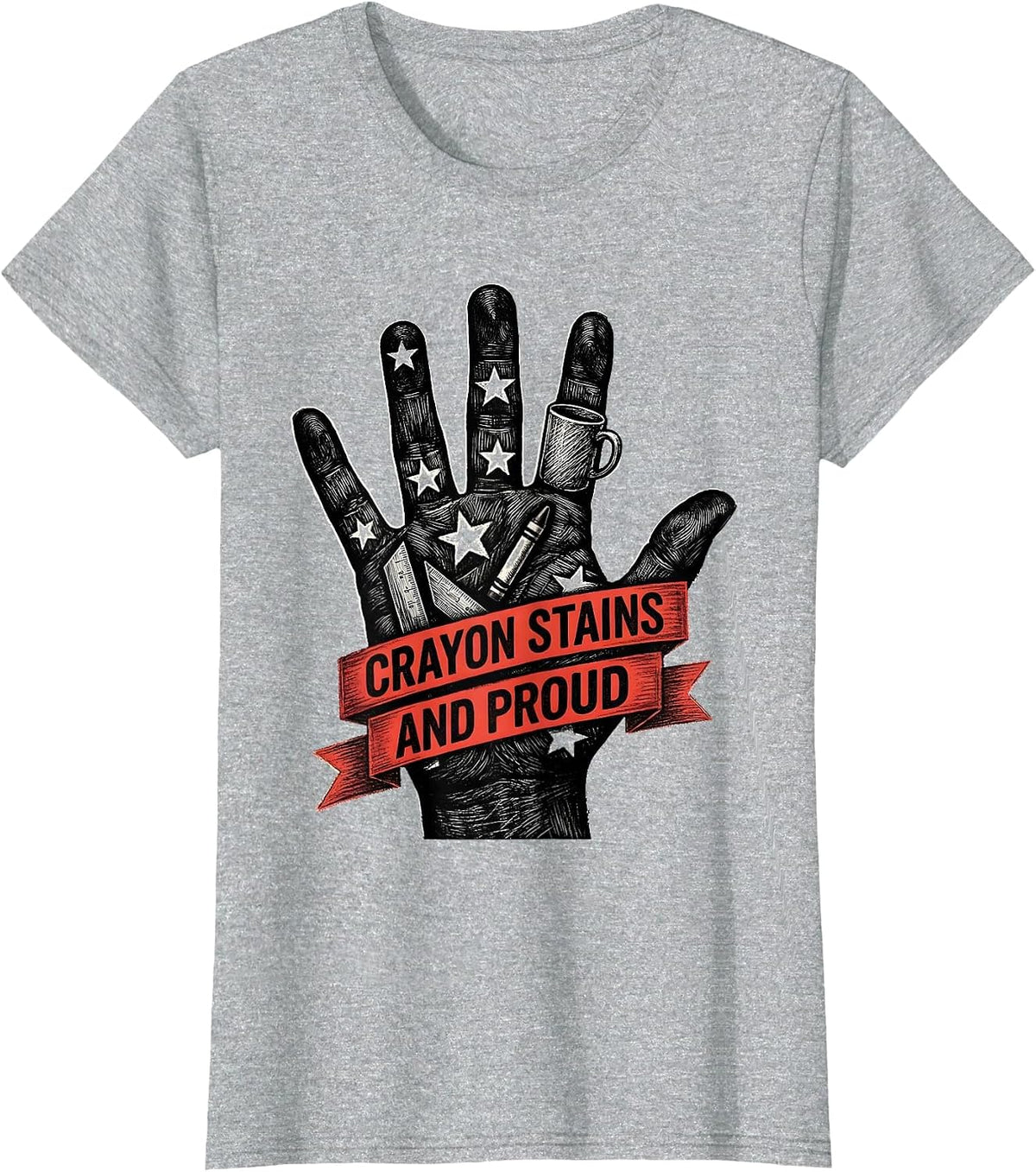 Women's Crayon Stains And Proud Kindergarten Teacher T-Shirt - Heather Grey