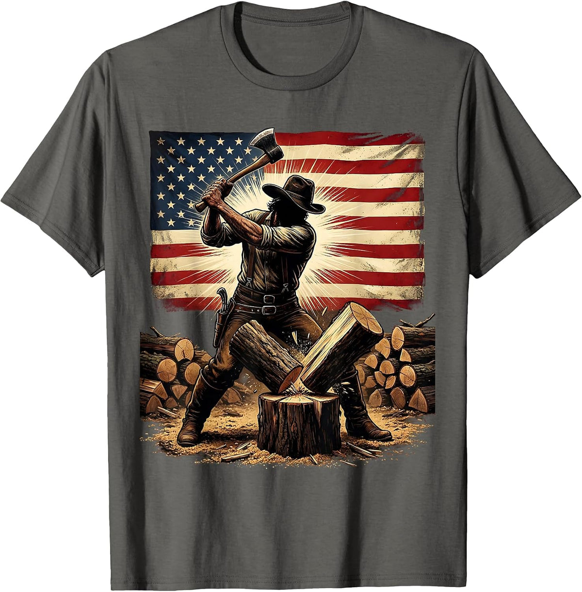 American Flag Wood Chopper Patriotic Graphic T-Shirt - Asphalt Grey