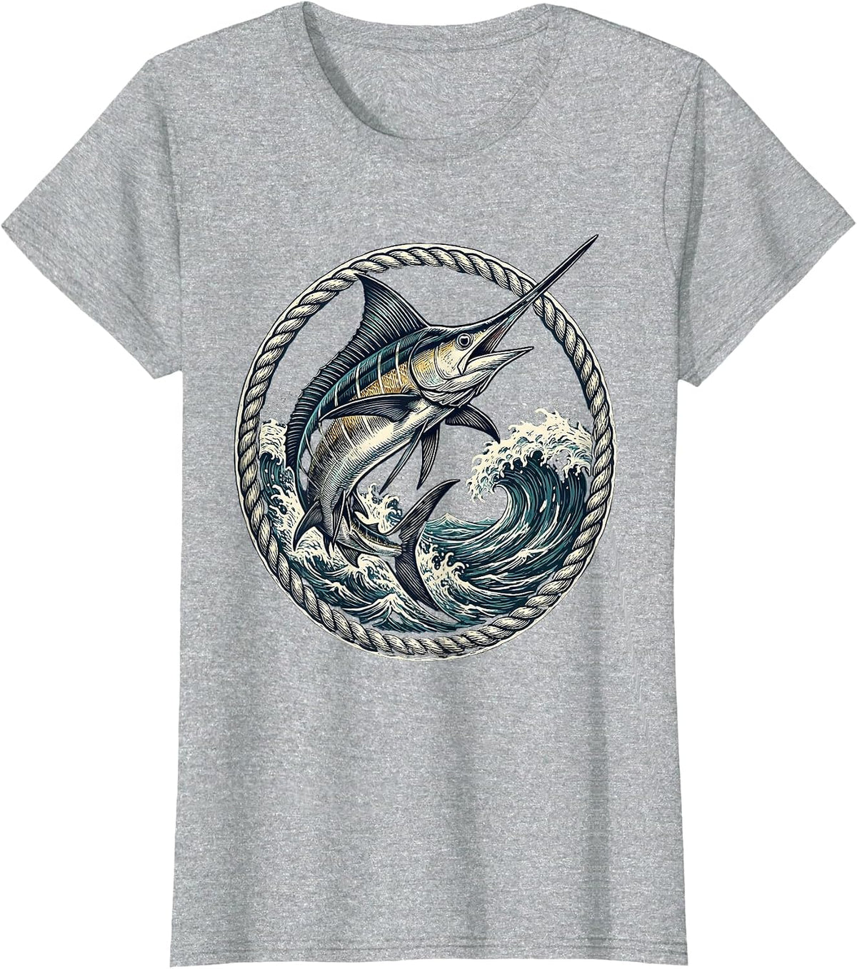Caribbean Swordfish Leaping Ocean Waves Graphic T-Shirt - Heather Grey