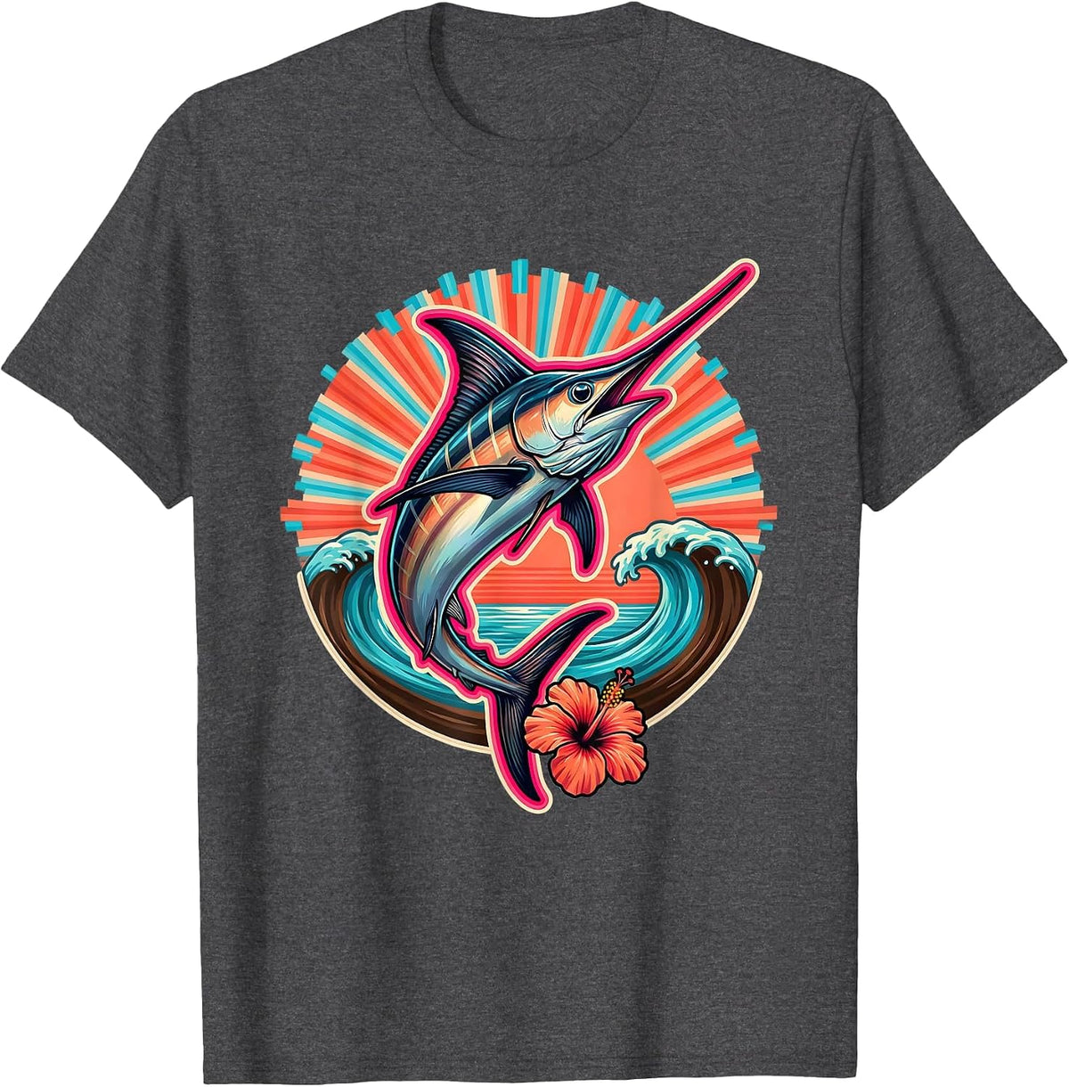 Men's Marlin Jumping at Sunrise Ocean Graphic T-Shirt - Dark Heather Grey