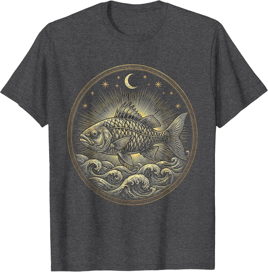 Men's Christian Fish Symbol Ocean Waves Graphic T-Shirt - Dark Heather Grey