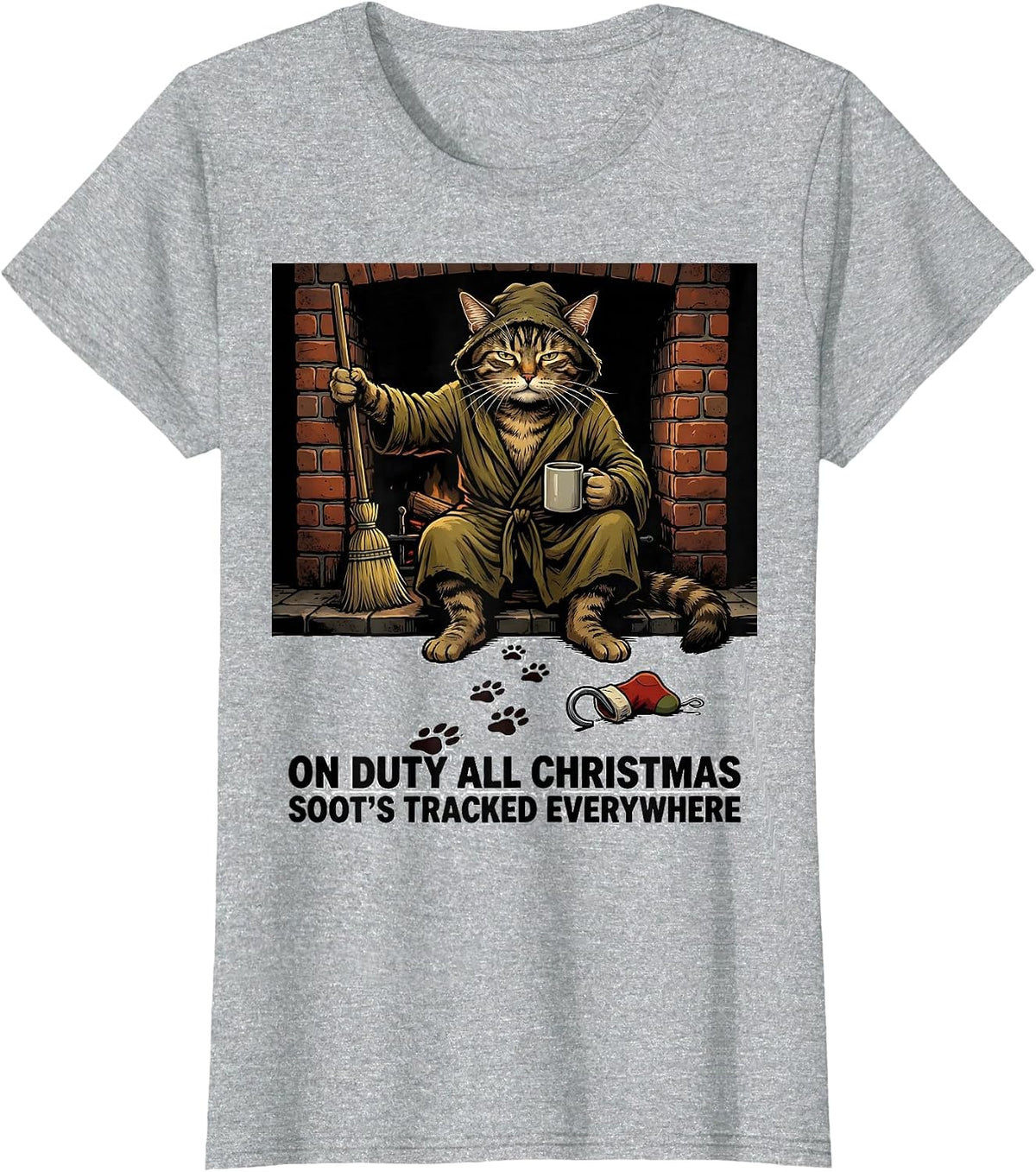 On Duty All Christmas Soot's Tracked Everywhere Funny Cat T-Shirt - Heather Grey