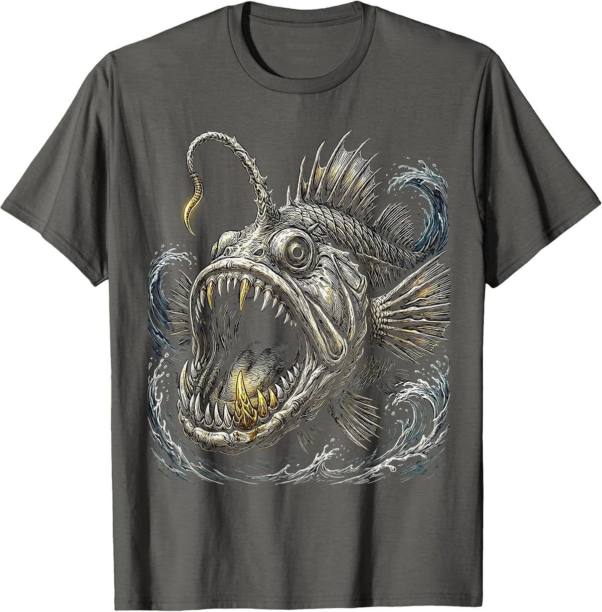Pirate Anglerfish Deep Sea Gold Tooth Illustration T-Shirt - Asphalt Grey