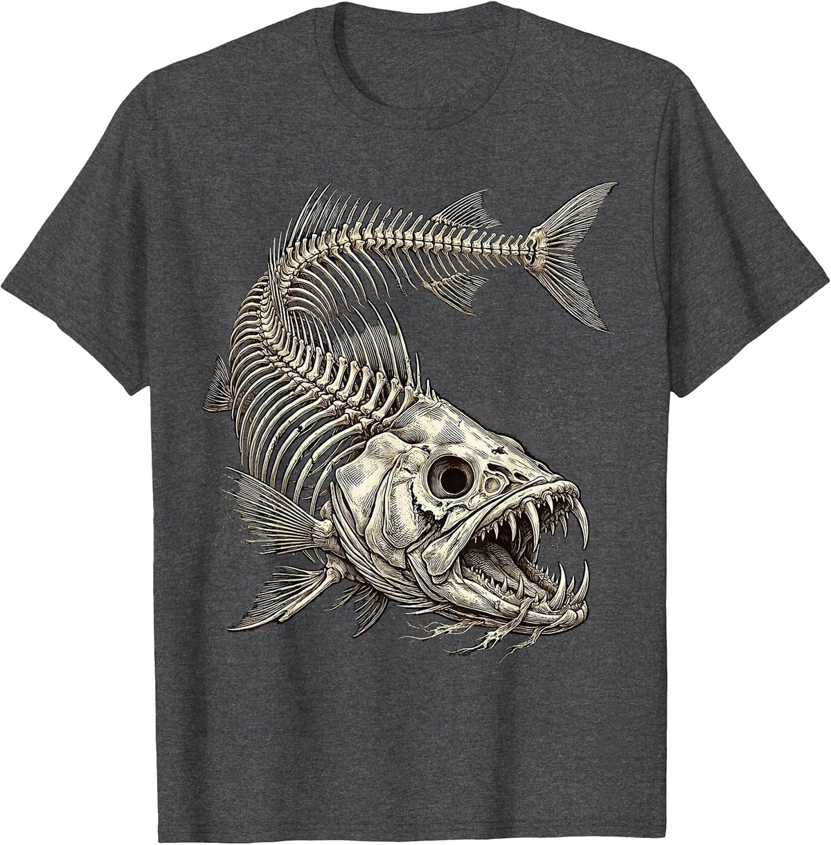Skeletal Fish Horror Deep Abyss Graphic Design T-Shirt - Dark Heather Grey