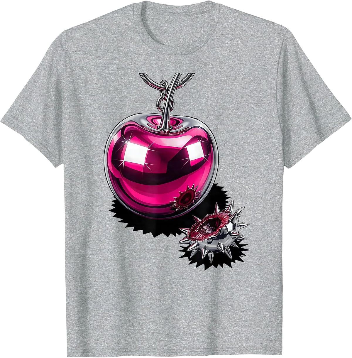 Men's Oversized Cherry Keychain Vaporwave Y2K Goth Alt T-Shirt - Heather Grey