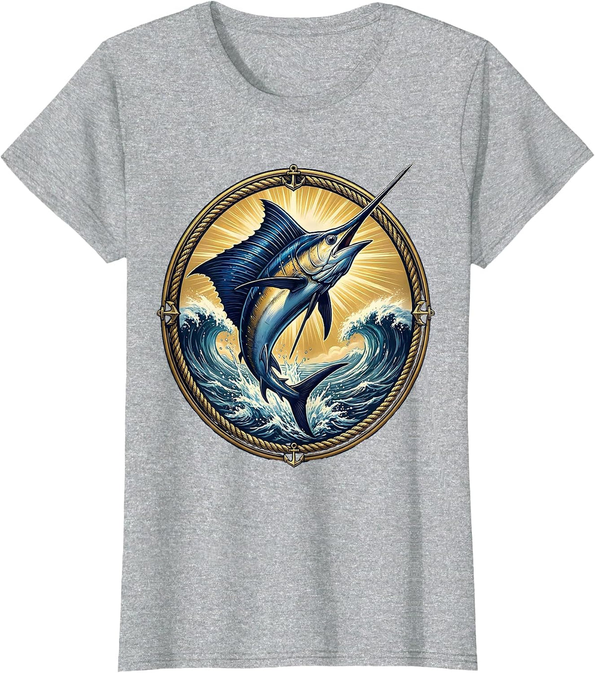 Marlin Leaping Ocean Hawaiian Graphic Design T-Shirt - Heather Grey