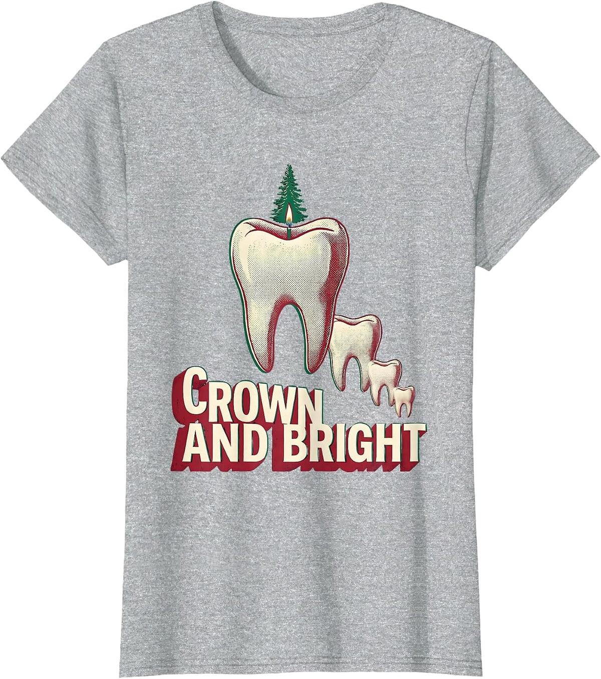 Women's Crown and Bright Oversized Carved Tooth Dental Christmas T-Shirt - Heather Grey