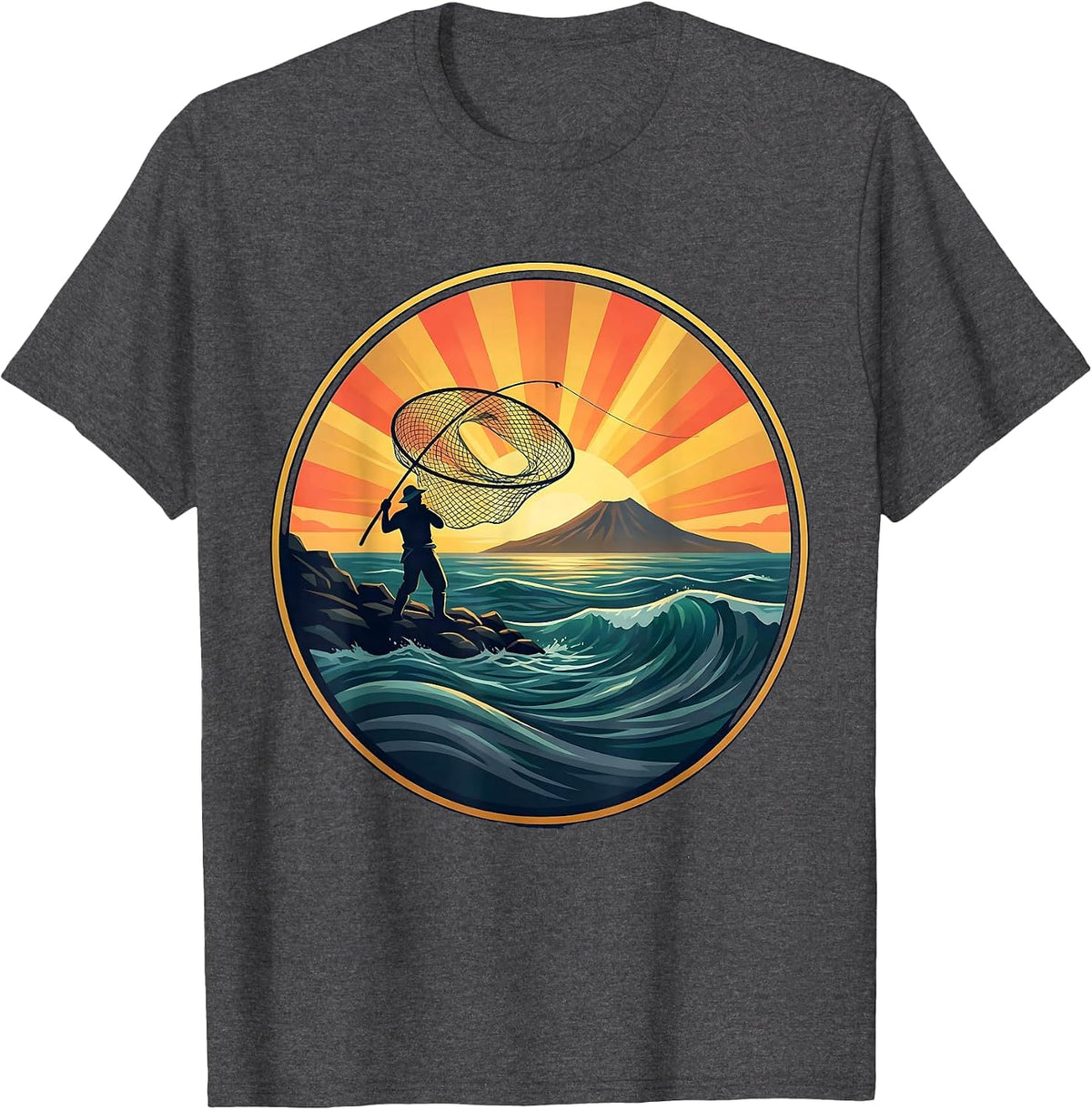Hawaii Fisherman Casting Net Golden Sunrise T-Shirt - Dark Heather Grey
