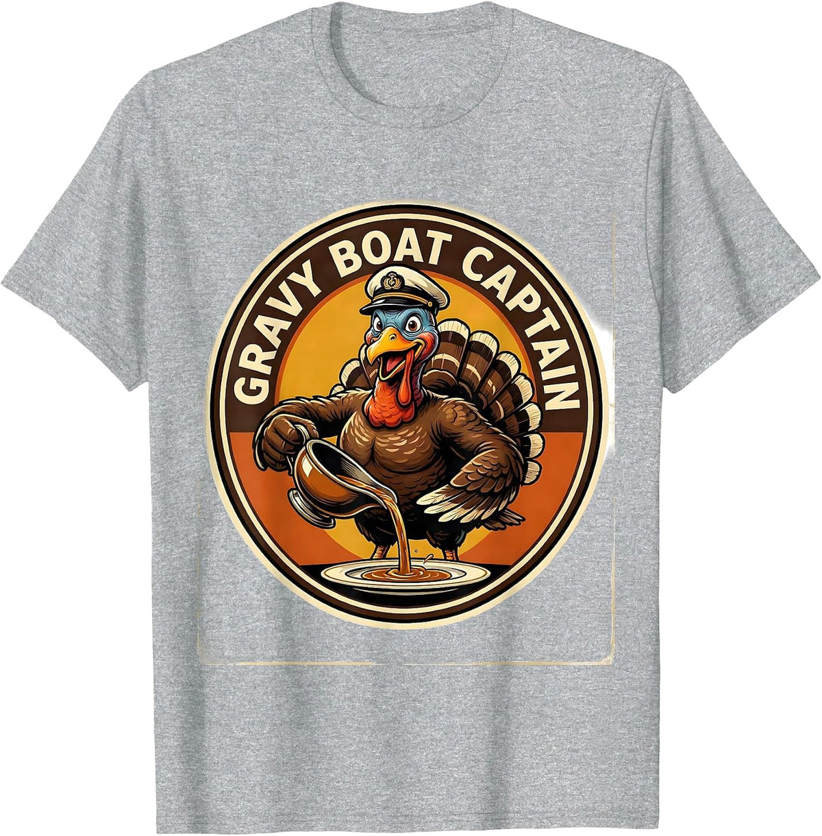 Men's Gravy Boat Captain Retro Thanksgiving Family Crew Turkey T-Shirt - Heather Grey